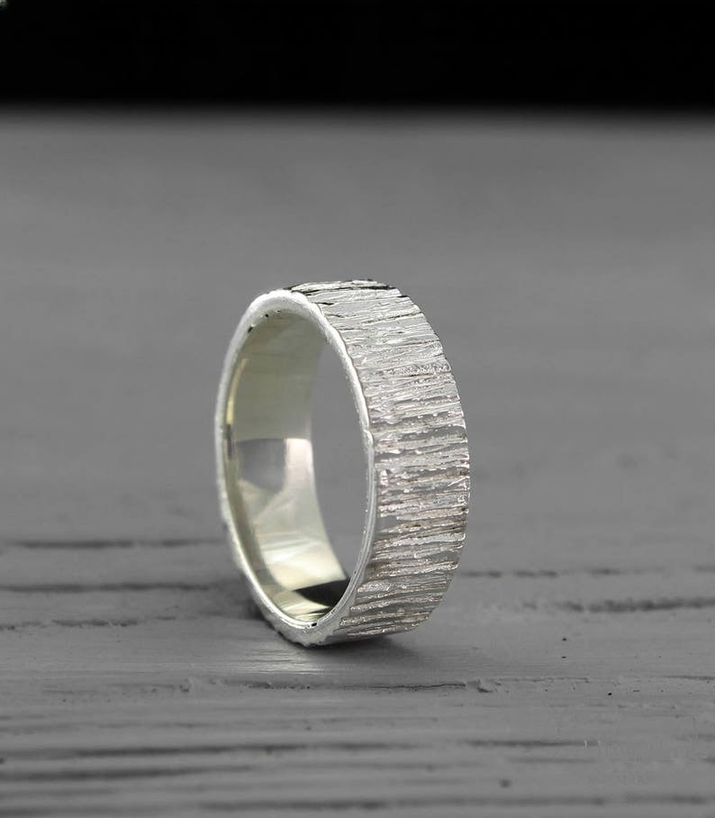 Strong Men's Chunky Silver Ring with Shiny Tree bark