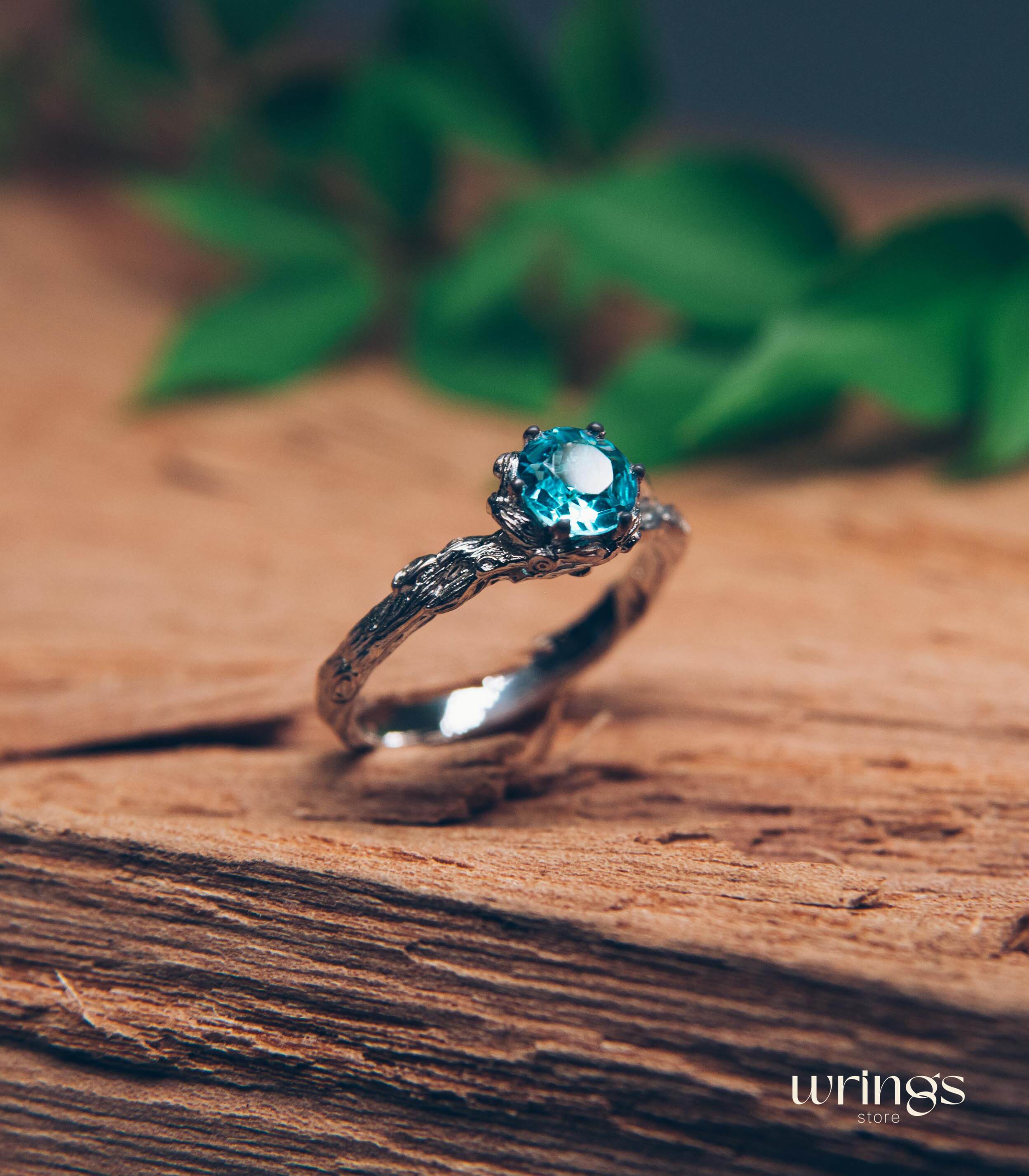 Blue Topaz & Shiny Silver Twig Fantasy Engagement Ring