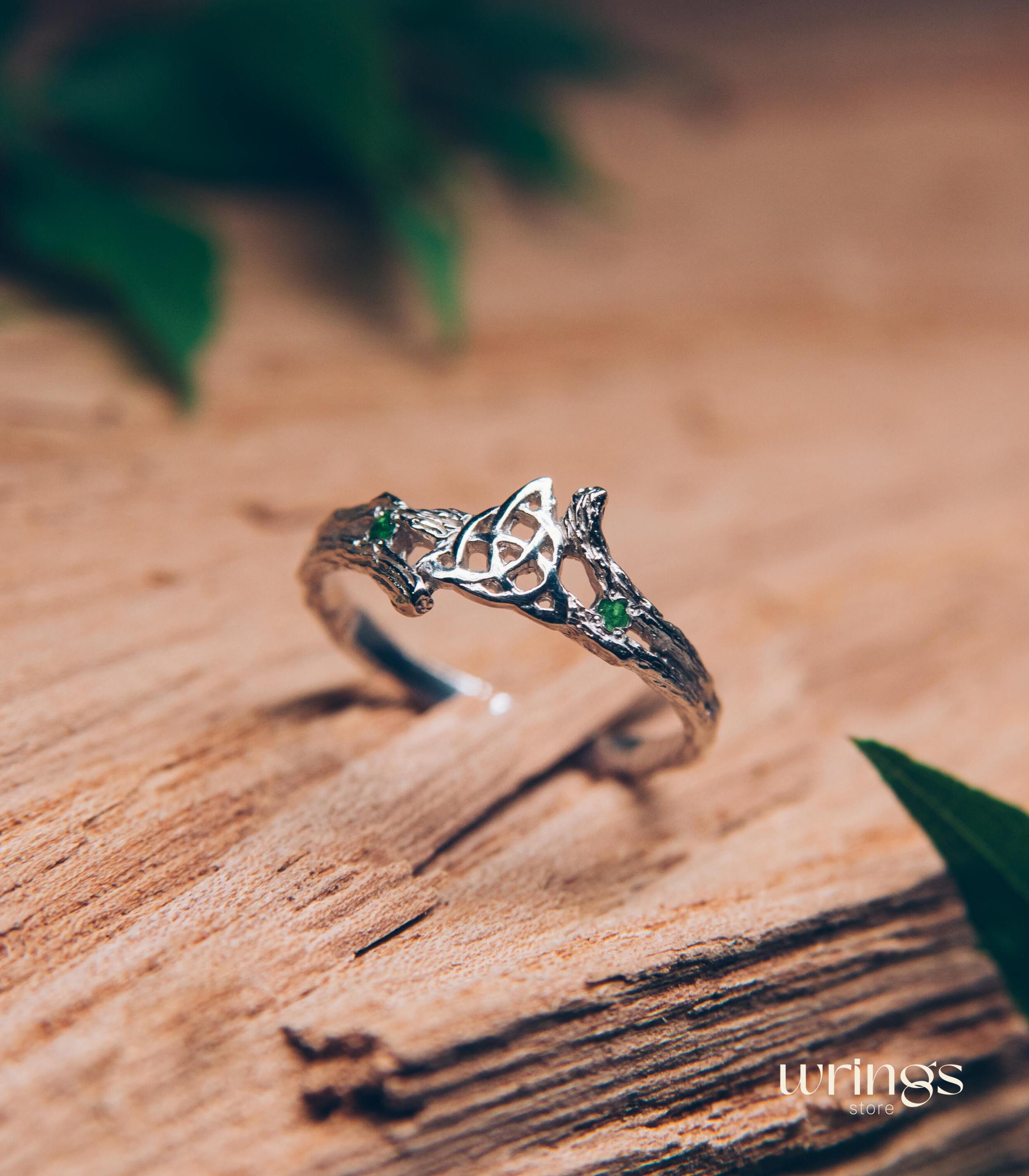 Triquetra & Silver Twig Celtic Engagement Ring with Emerald