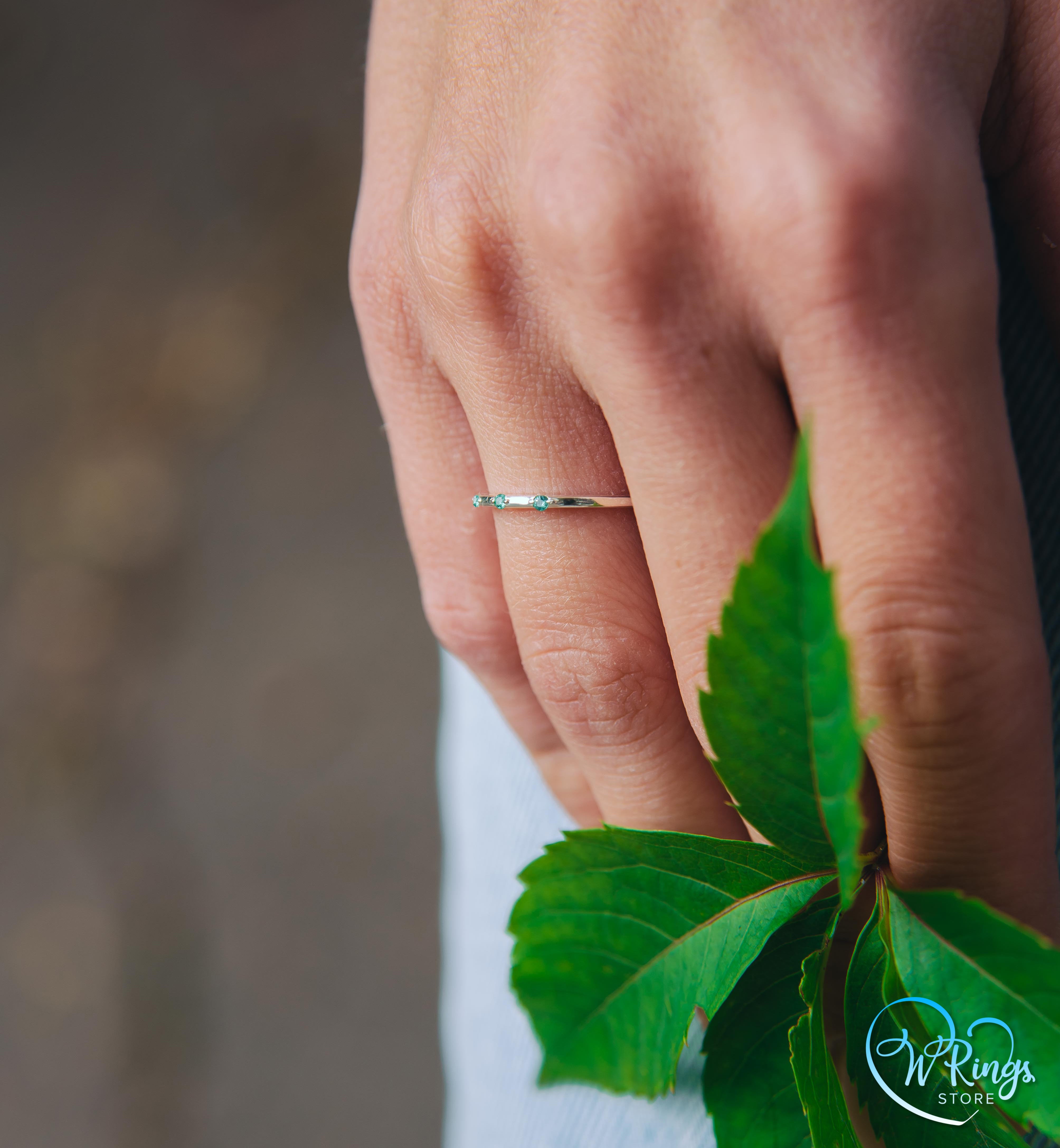 3 Small round Emeralds Thin & Dainty Stacking Silver Ring