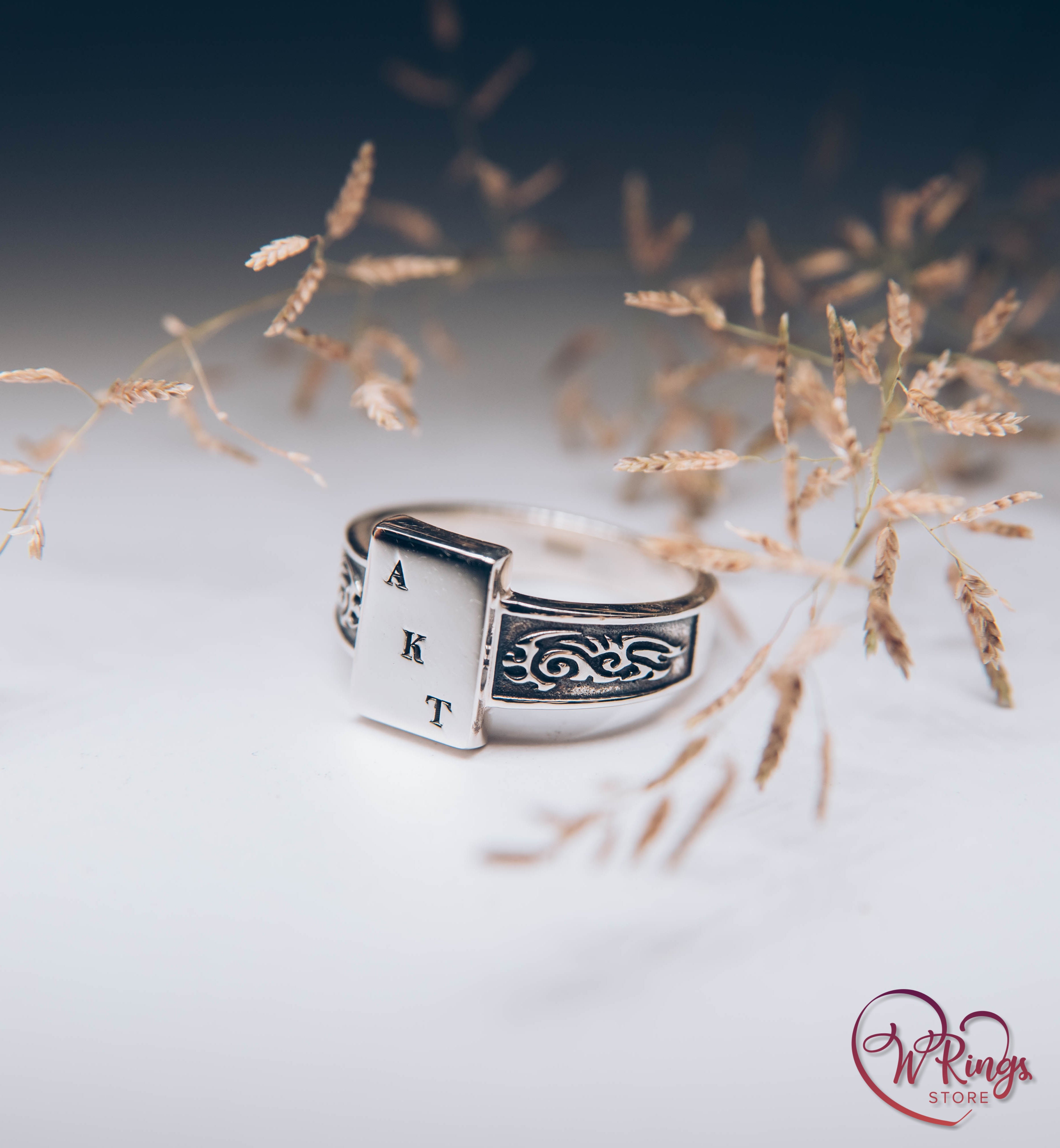 AKT Custom Initials Rectangle Signet Ring & Side Engraving in Silver