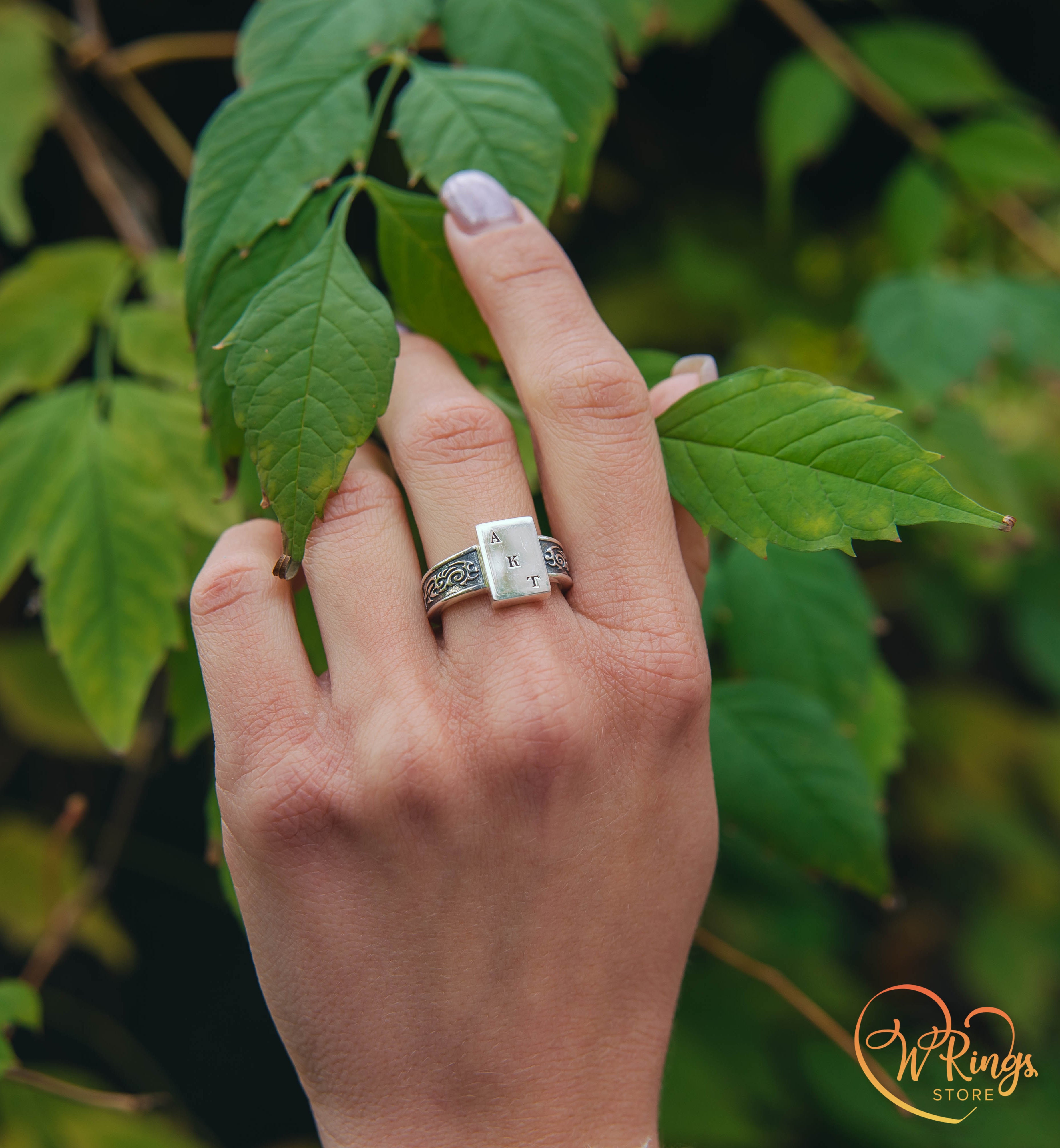 AKT Custom Initials Rectangle Signet Ring & Side Engraving in Silver