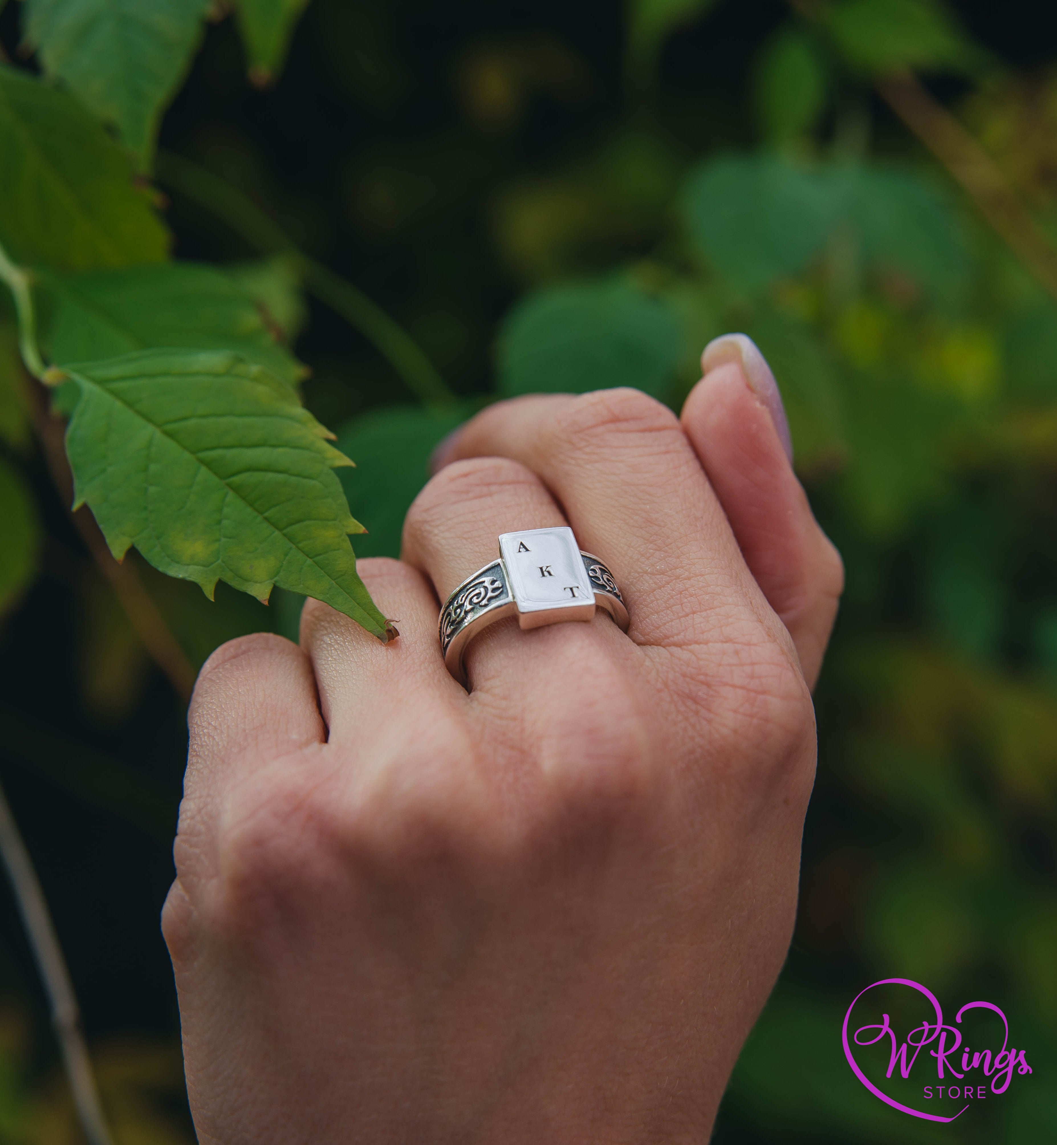 AKT Custom Initials Rectangle Signet Ring & Side Engraving in Silver