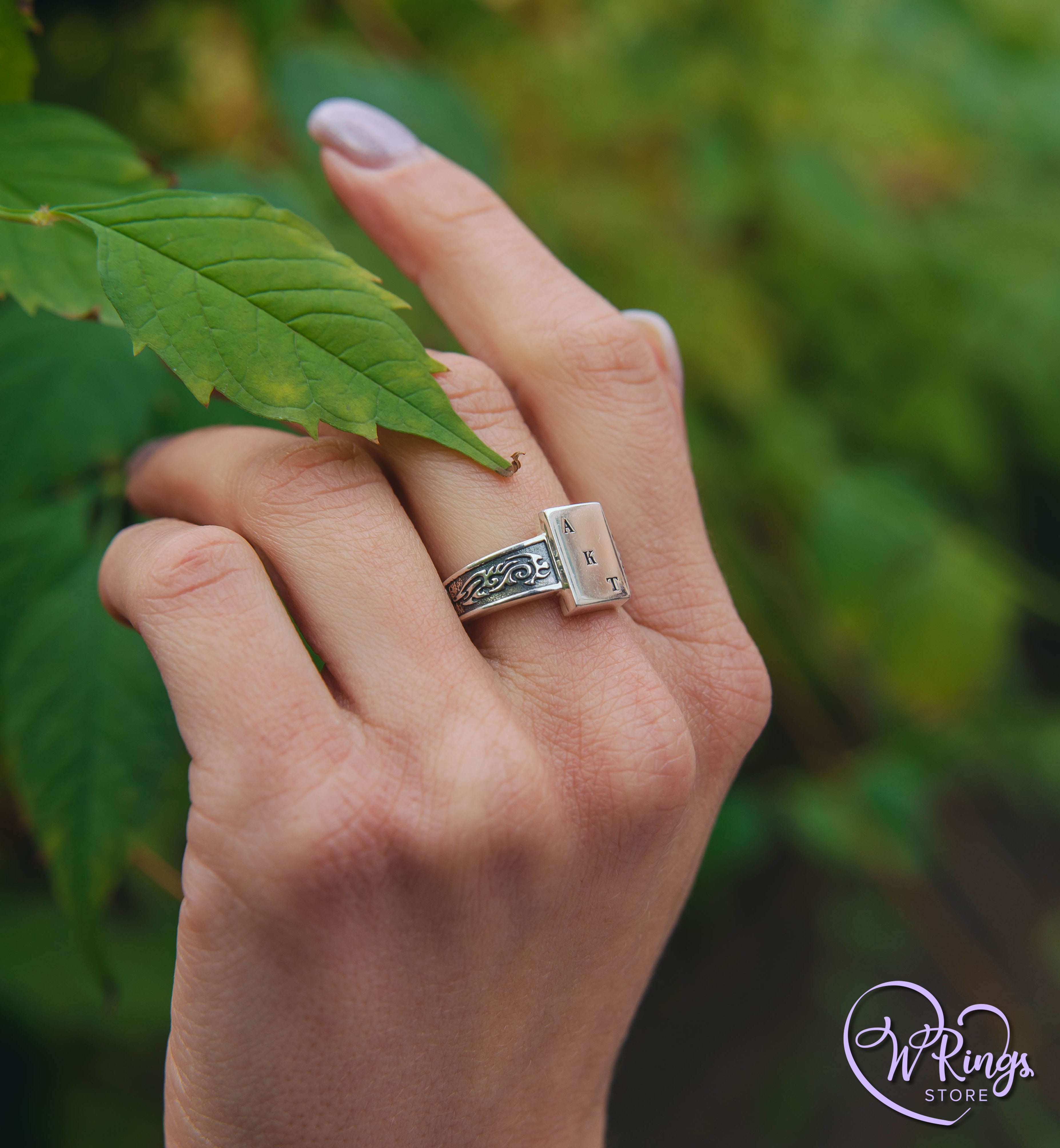 AKT Custom Initials Rectangle Signet Ring & Side Engraving in Silver