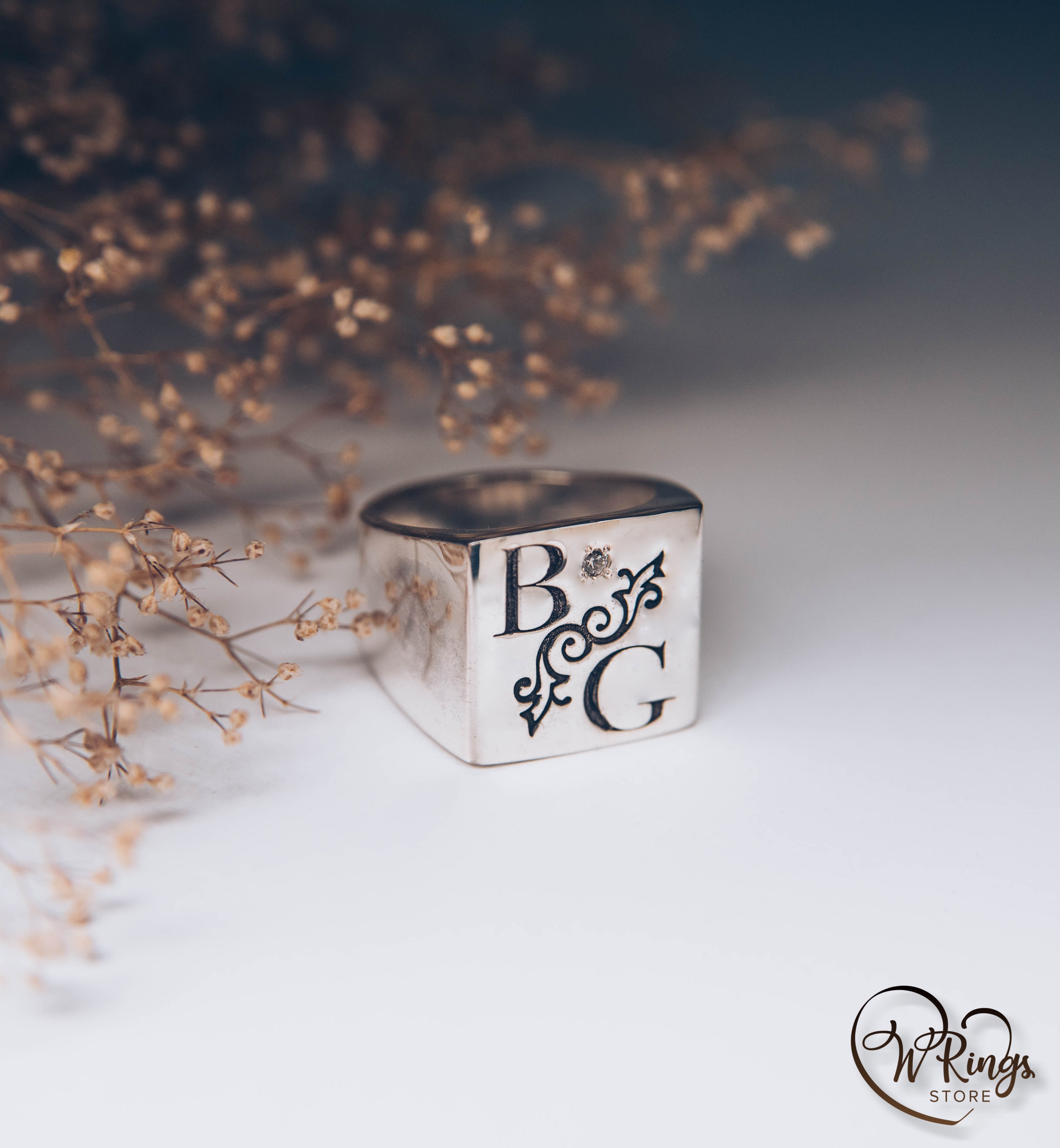 BG Custom Initials Large Square Signet Ring in Sterling Silver & CZ