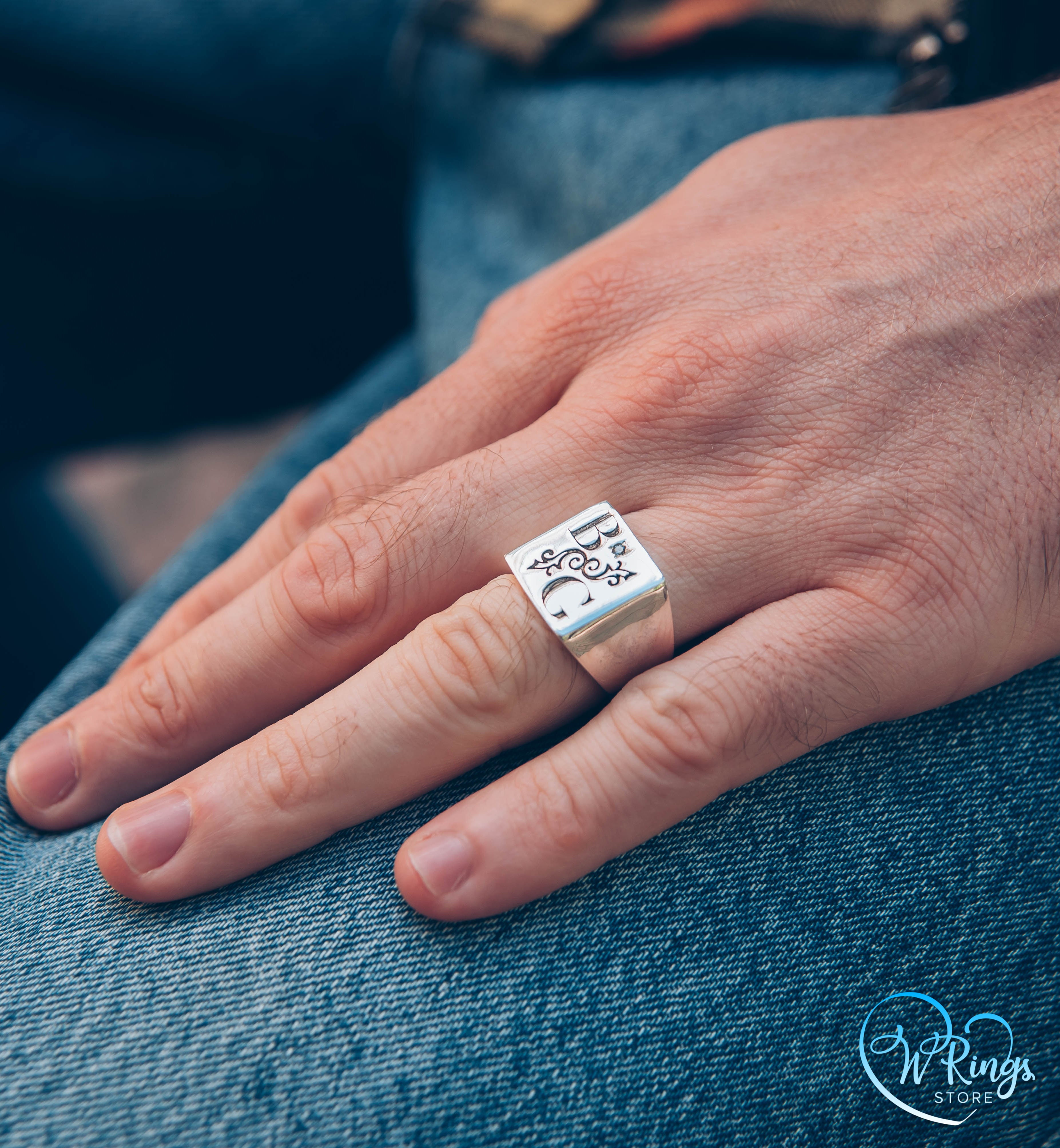 BG Custom Initials Large Square Signet Ring in Sterling Silver & CZ