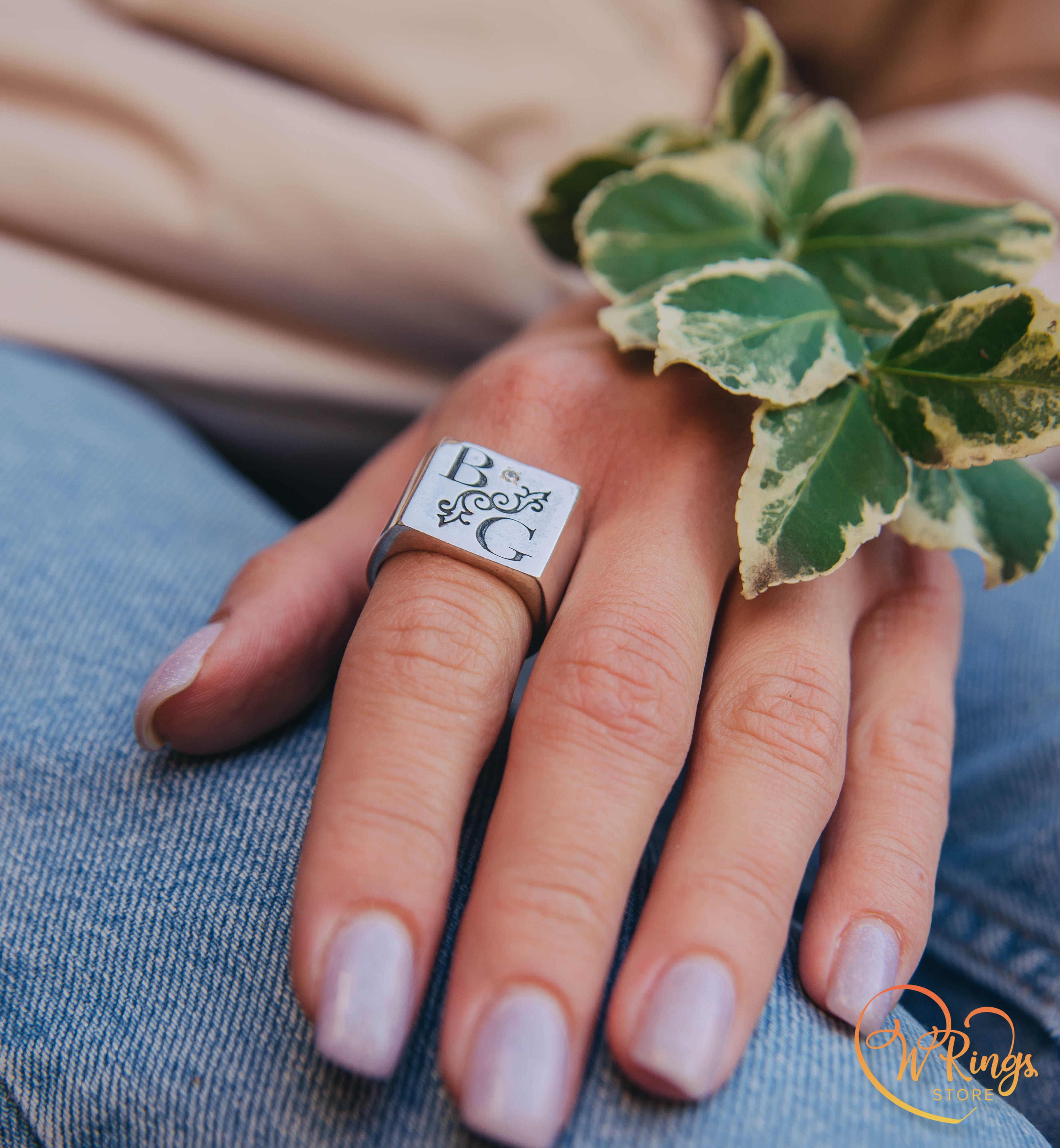 BG Custom Initials Large Square Signet Ring in Sterling Silver & CZ