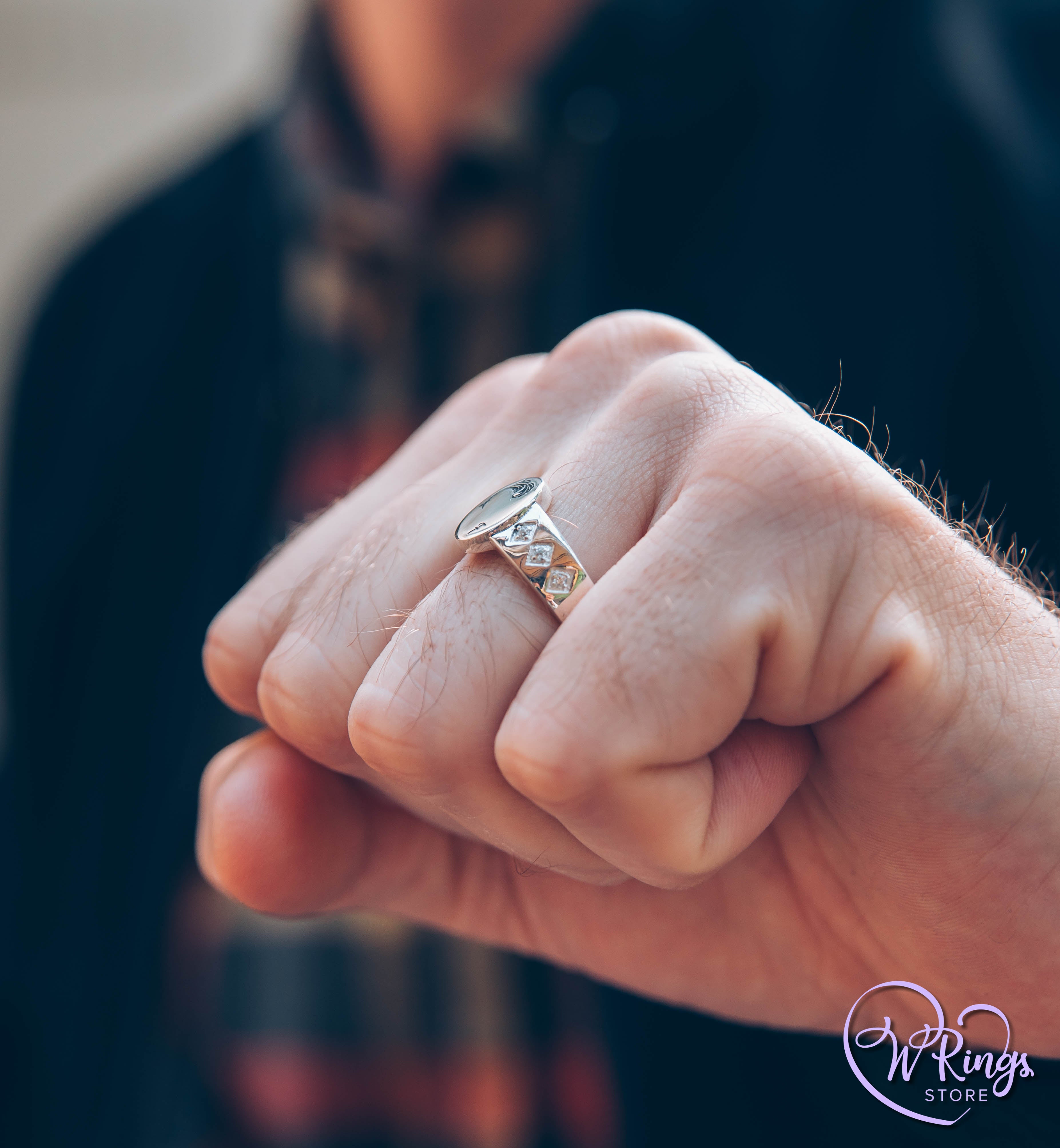 Custom engraved Letter F Oval Silver Signet Ring & Side Stones