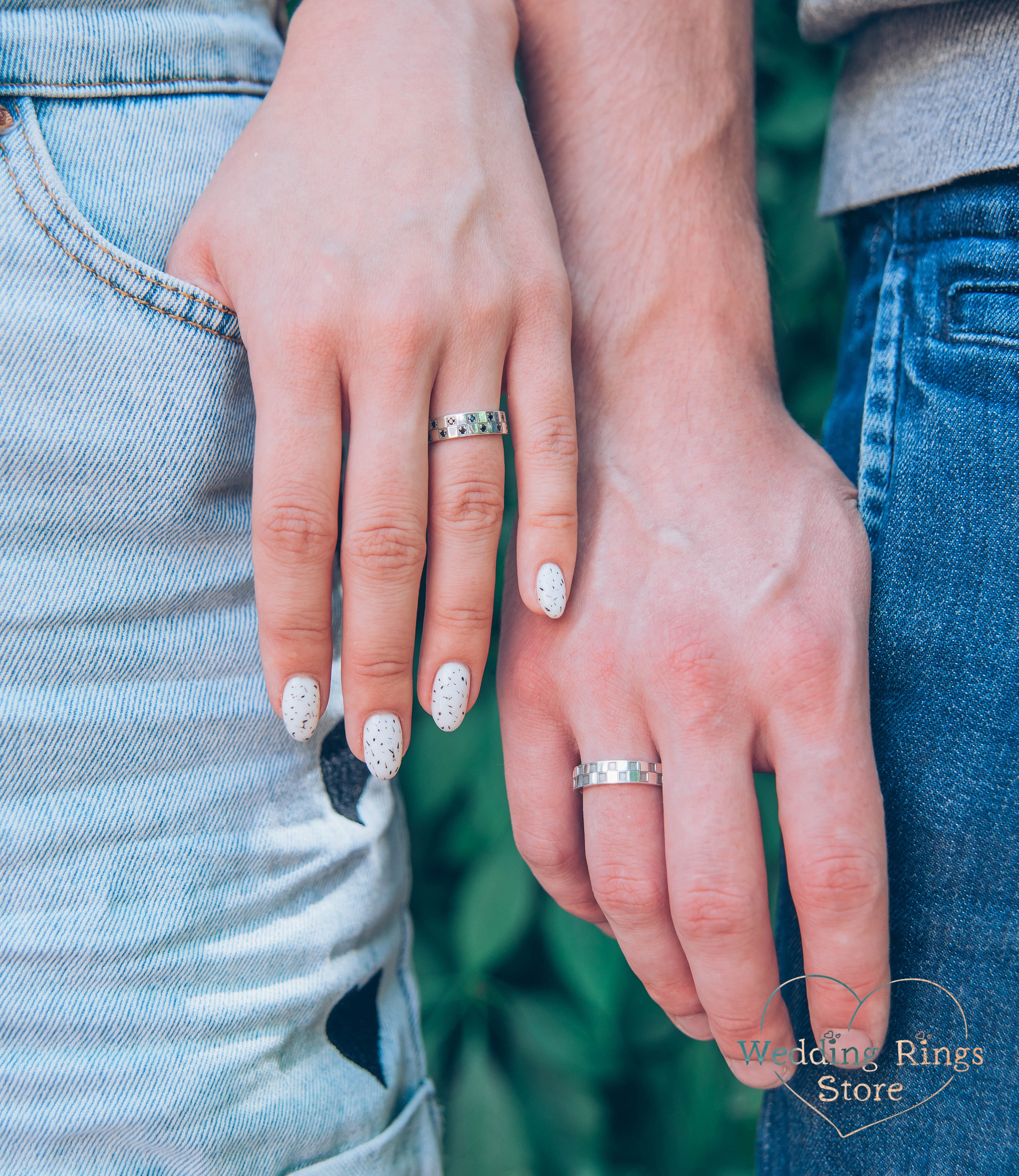 Geometric Silver Сheckered Matching Wedding Bands