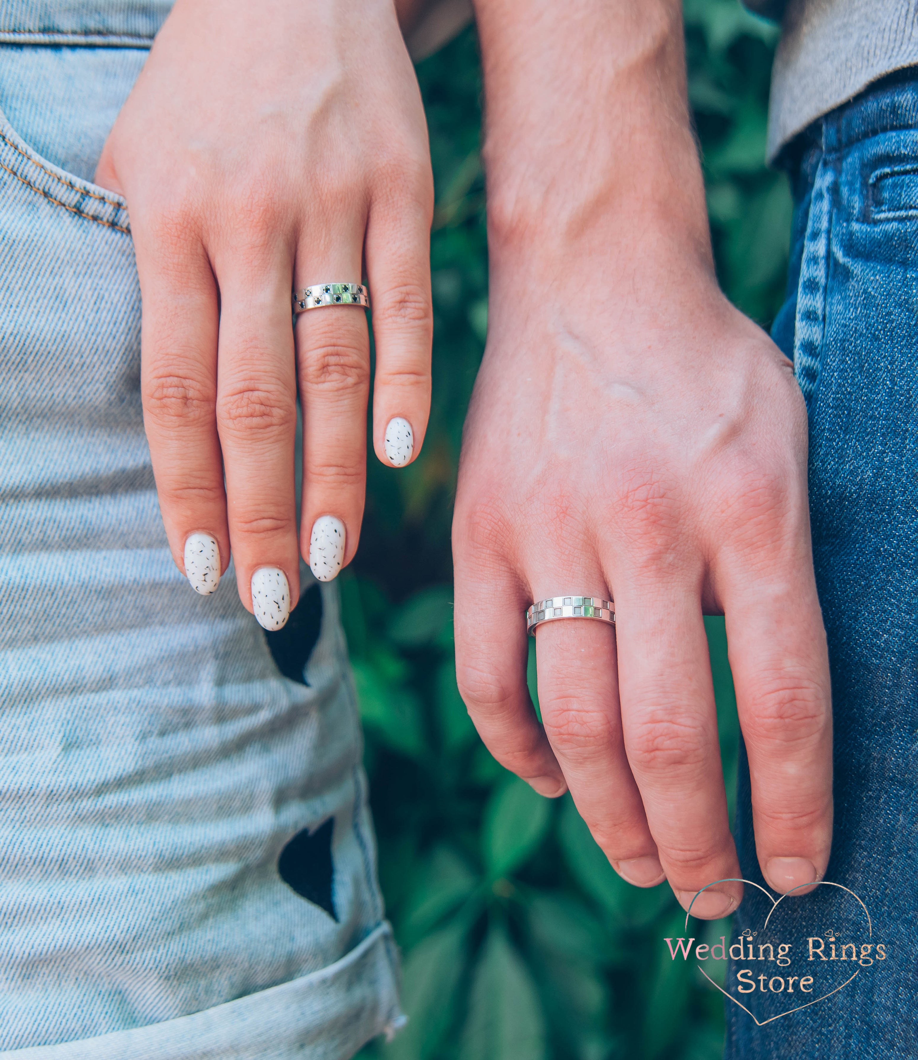 Geometric Silver Сheckered Matching Wedding Bands