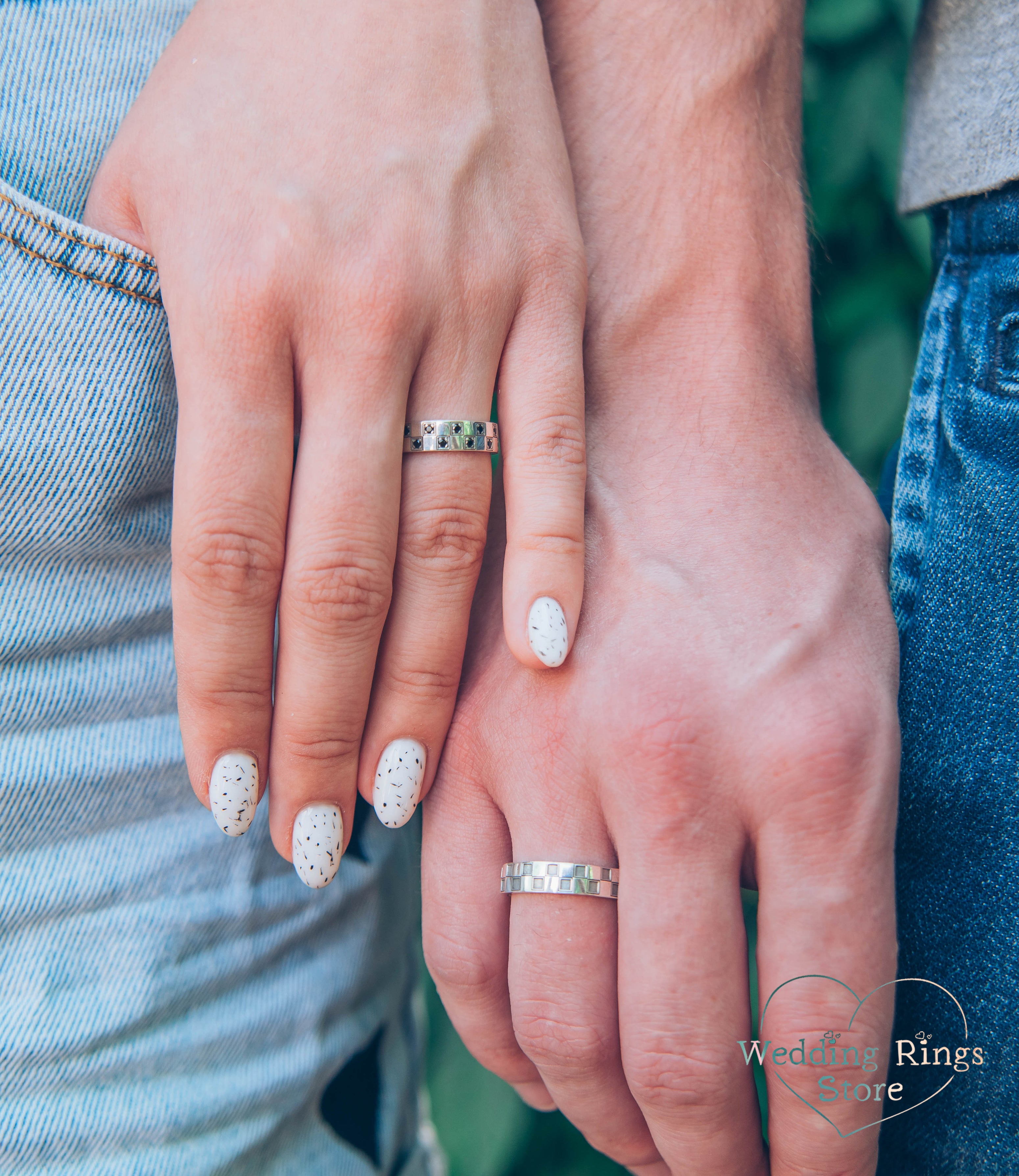 Geometric Silver Сheckered Matching Wedding Bands