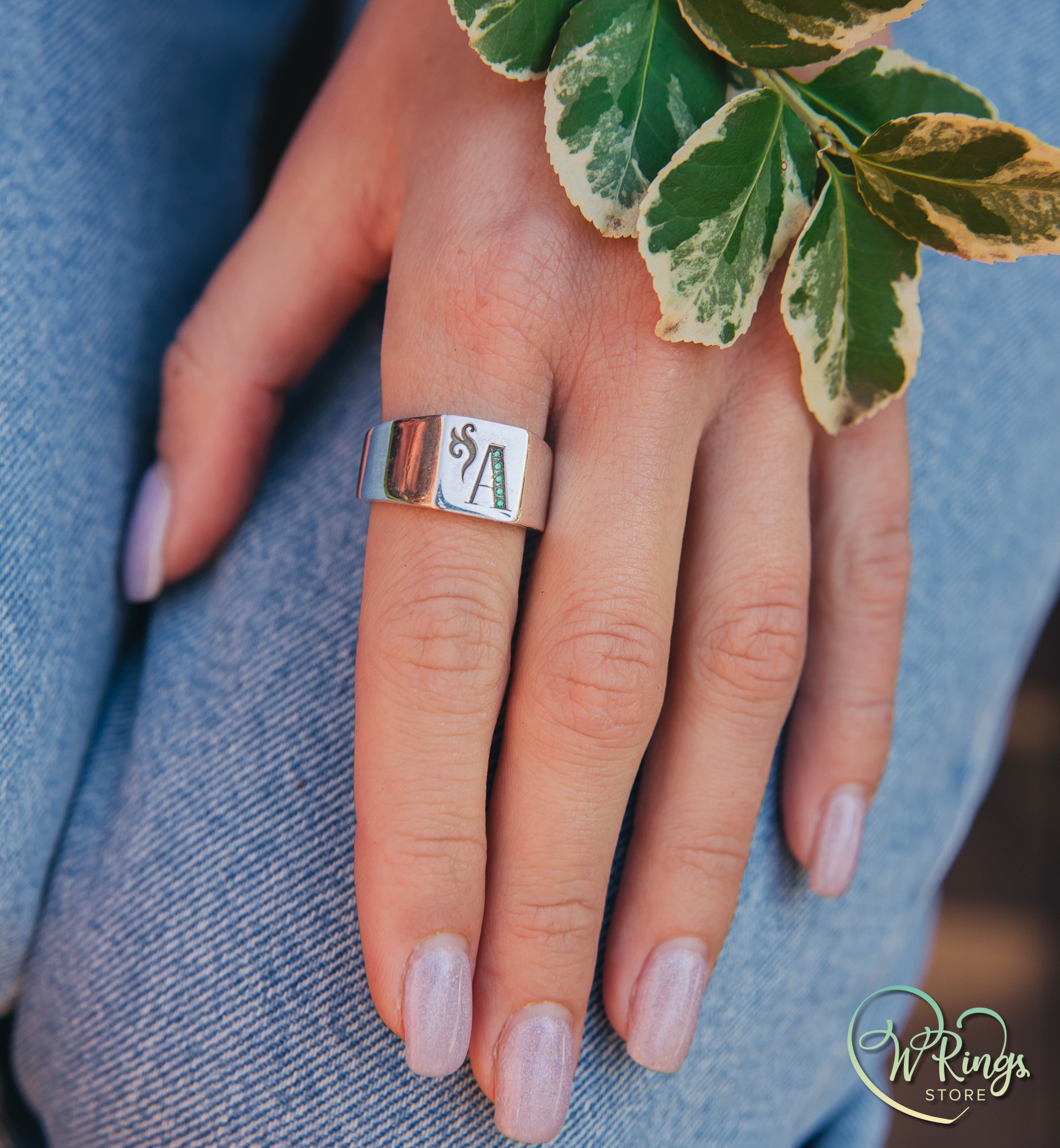 Emeralds in Custom Letter A Square Signet Ring in Sterling Silver