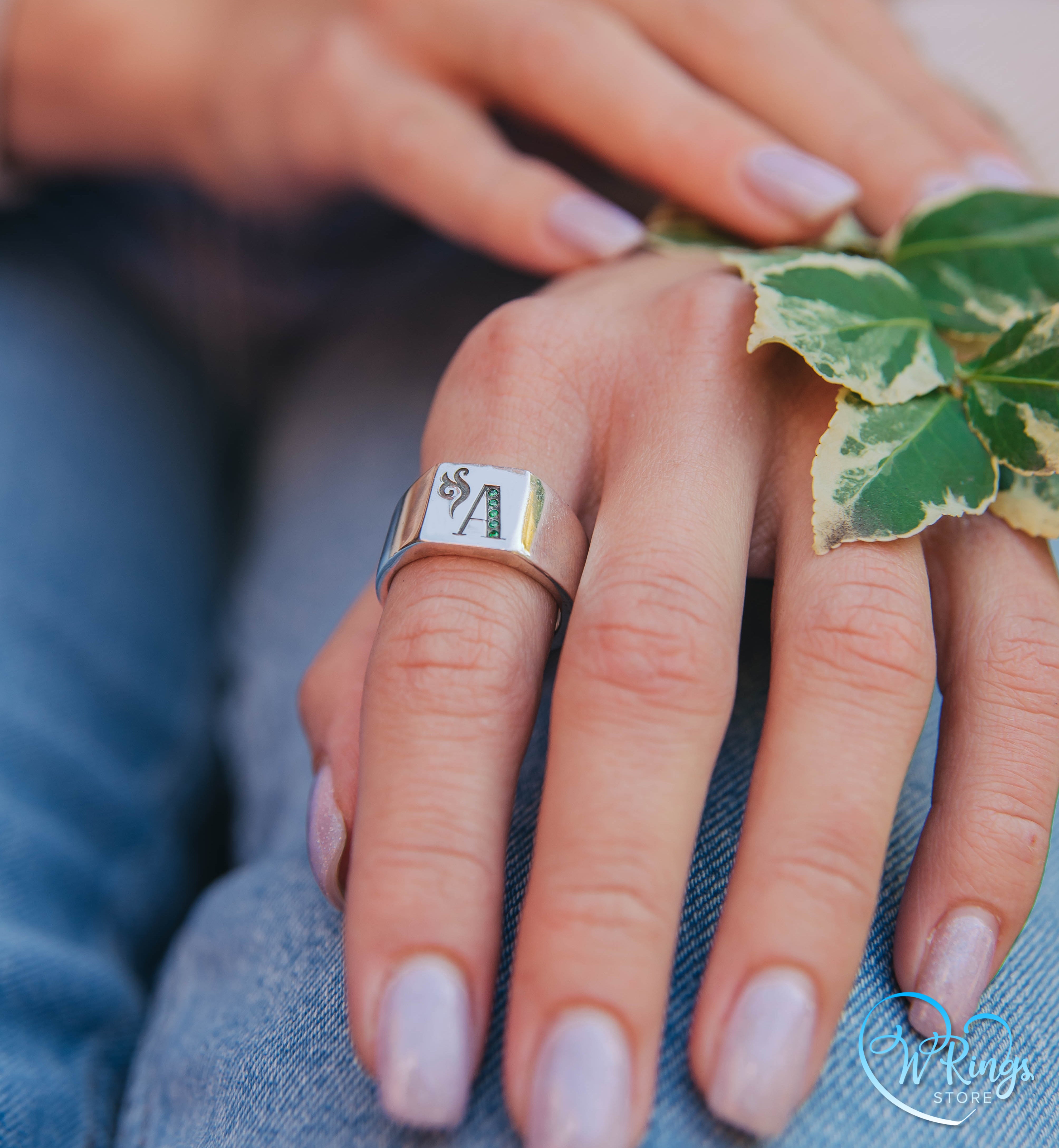 Emeralds in Custom Letter A Square Signet Ring in Sterling Silver