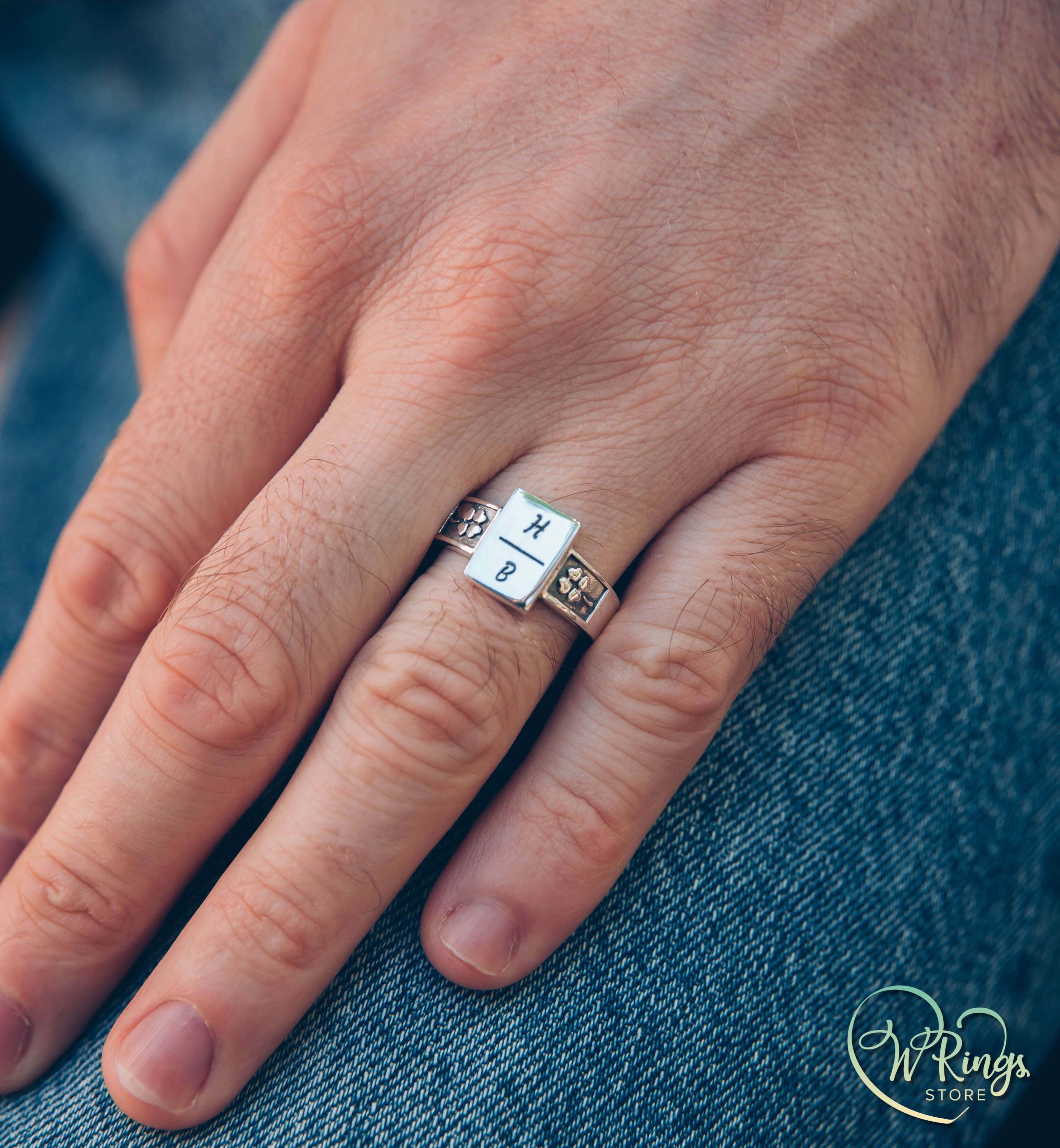 H B Custom Initial Signet Ring with Rectangle shape in Silver