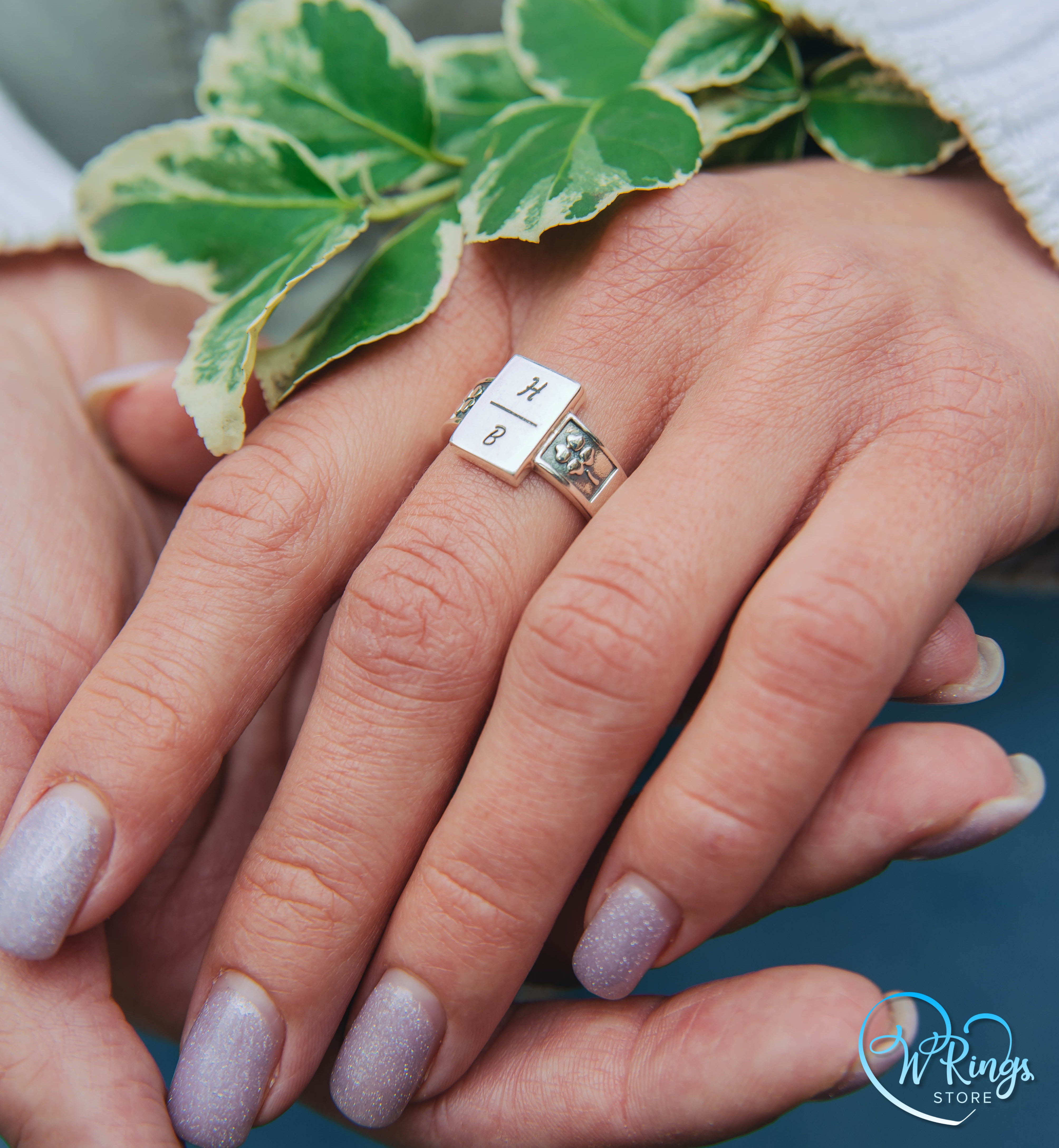 H B Custom Initial Signet Ring with Rectangle shape in Silver