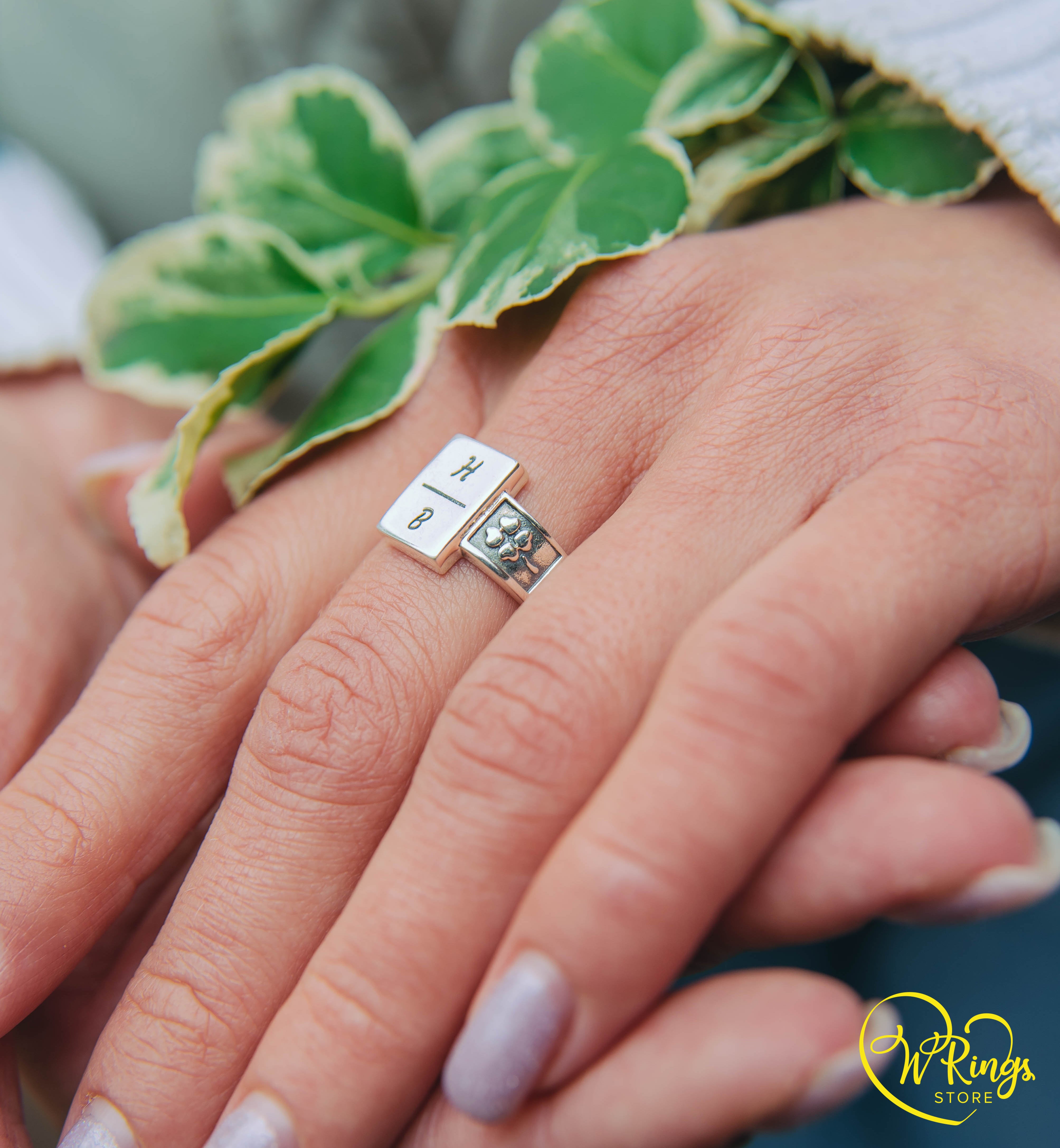 H B Custom Initial Signet Ring with Rectangle shape in Silver