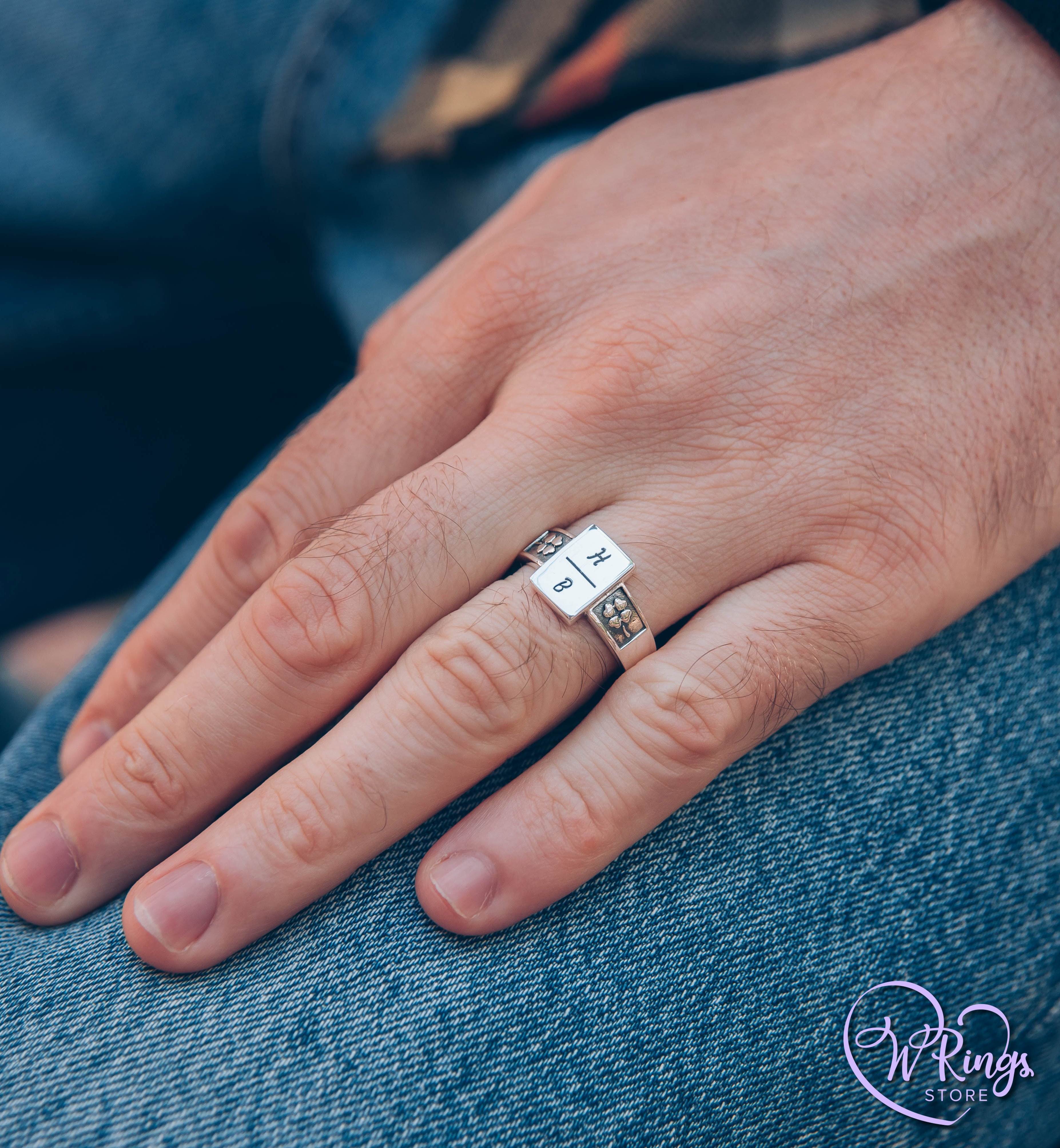 H B Custom Initial Signet Ring with Rectangle shape in Silver