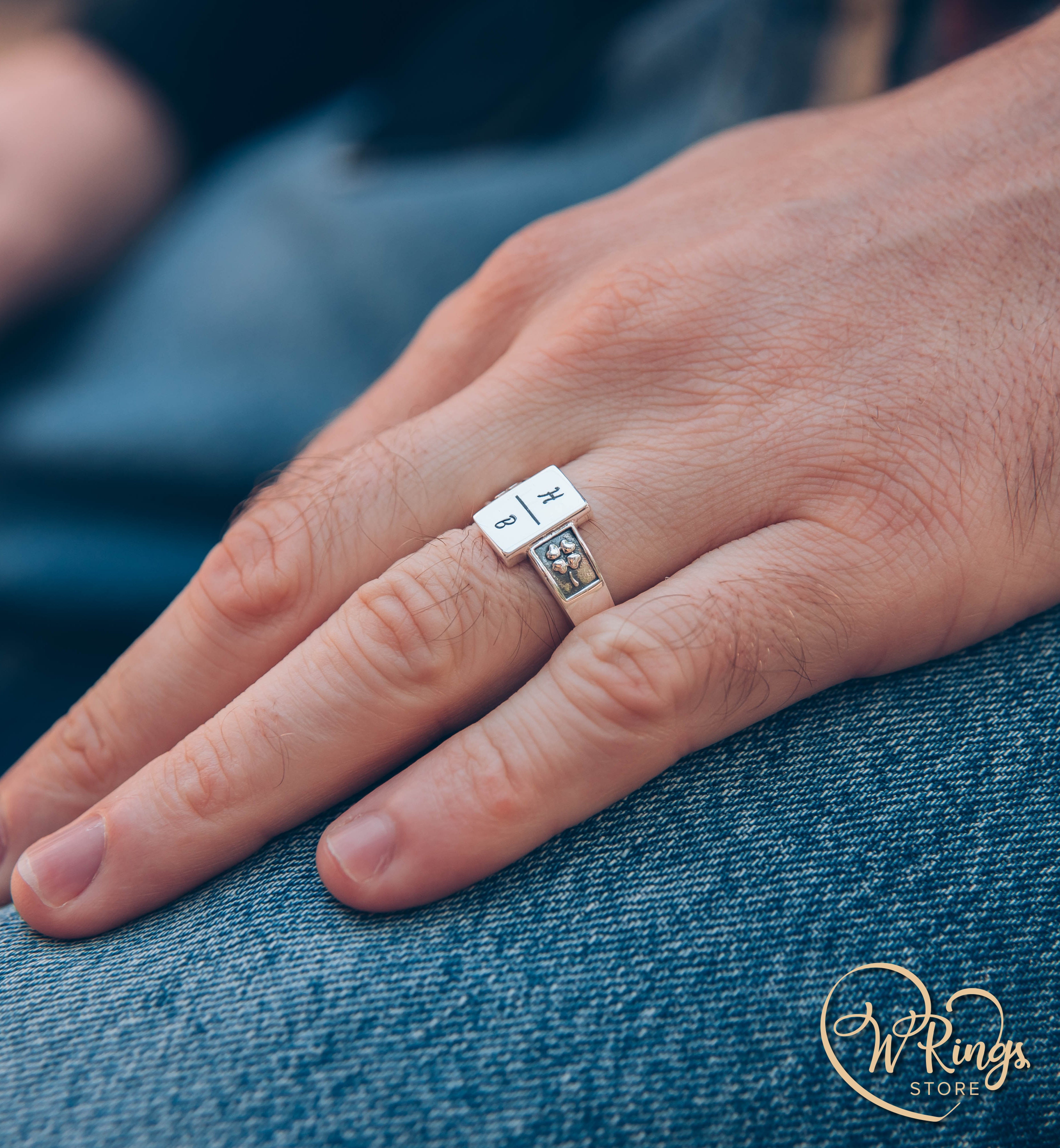 H B Custom Initial Signet Ring with Rectangle shape in Silver