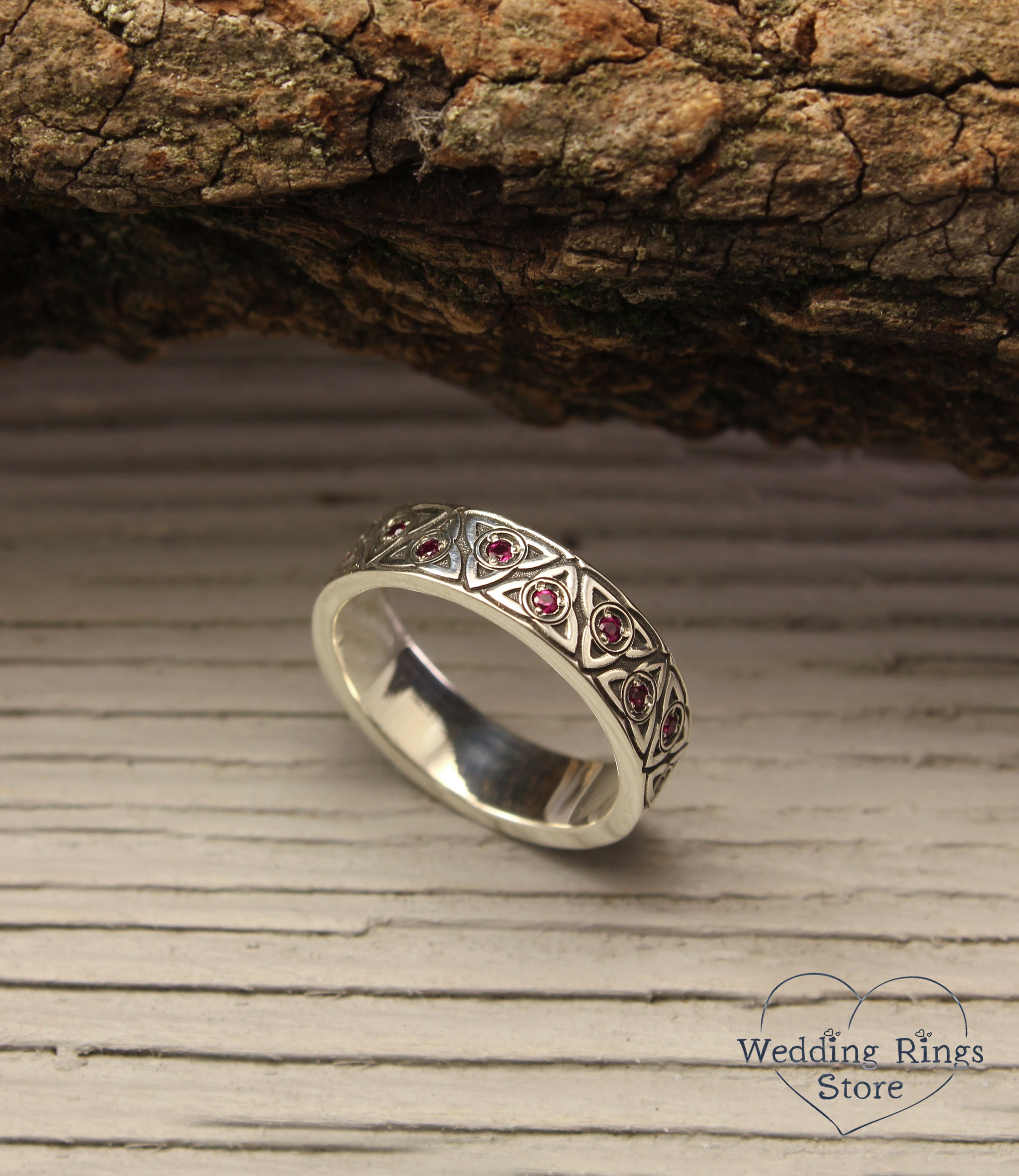 Stylish Celtic Triquetra and Multi Gemstone Ruby Ring in Silver