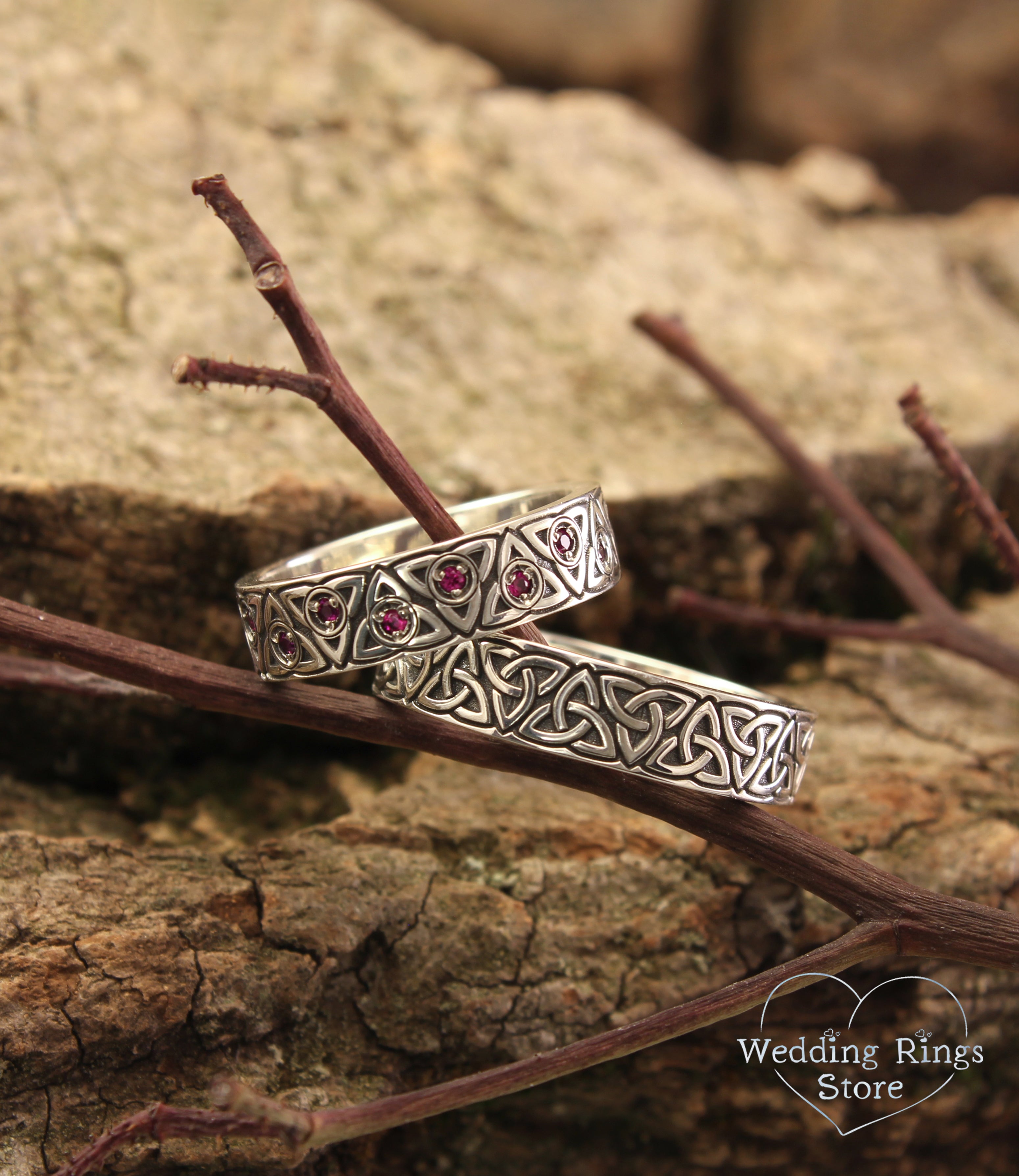 Celtic Triquetra Couple Wedding Rings Set in Silver with Rubies