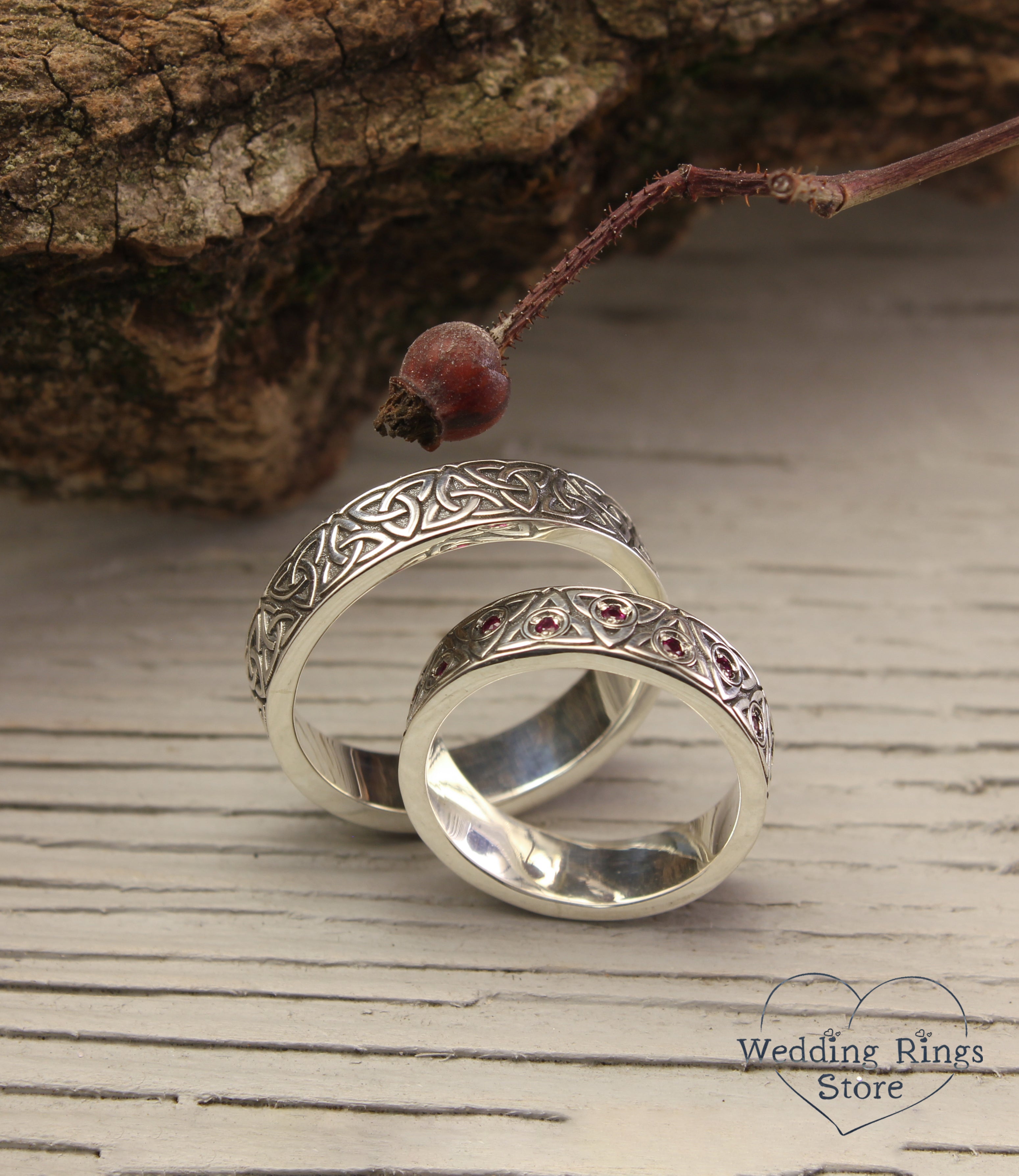 Celtic Triquetra Couple Wedding Rings Set in Silver with Rubies