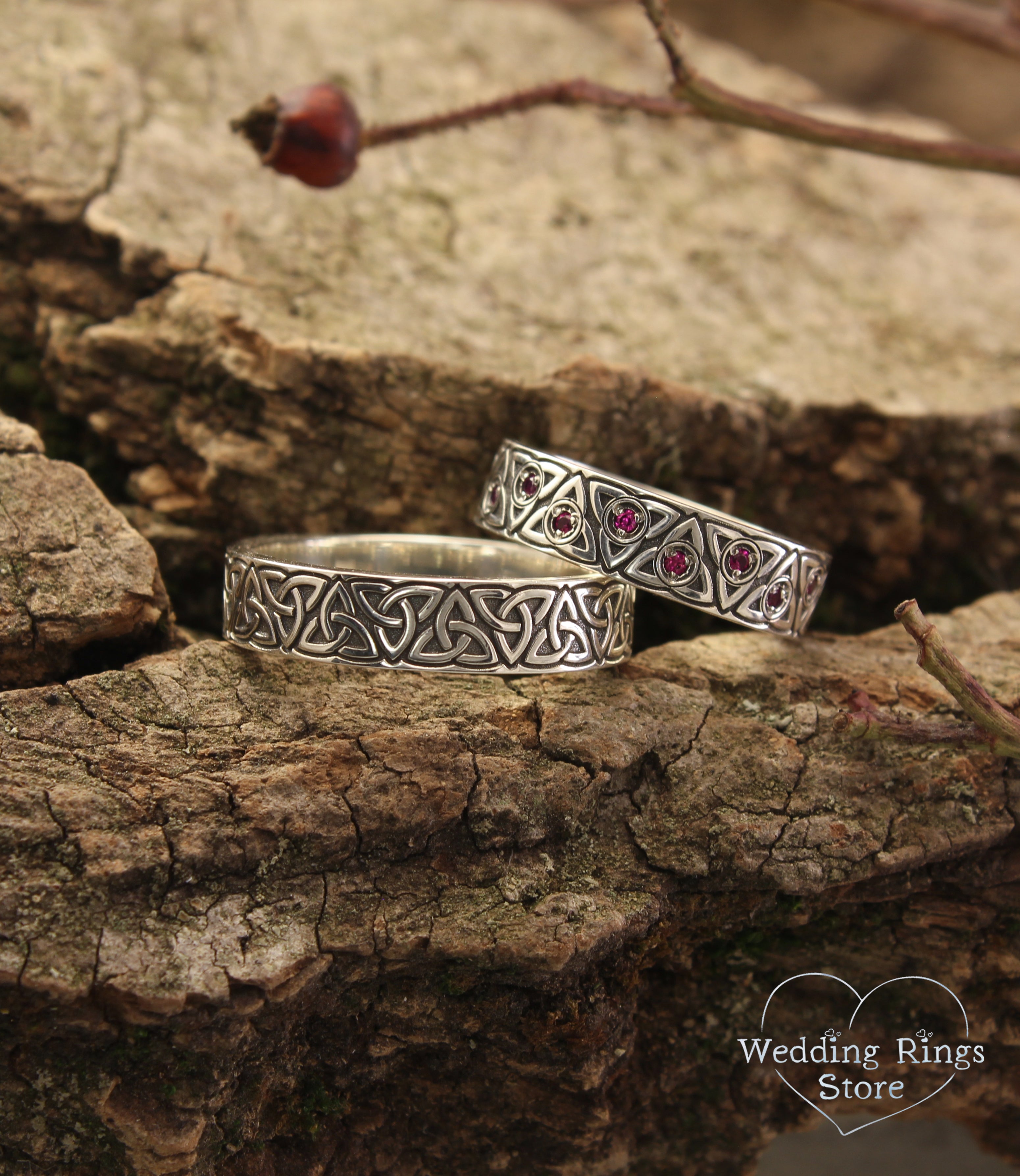 Celtic Triquetra Couple Wedding Rings Set in Silver with Rubies