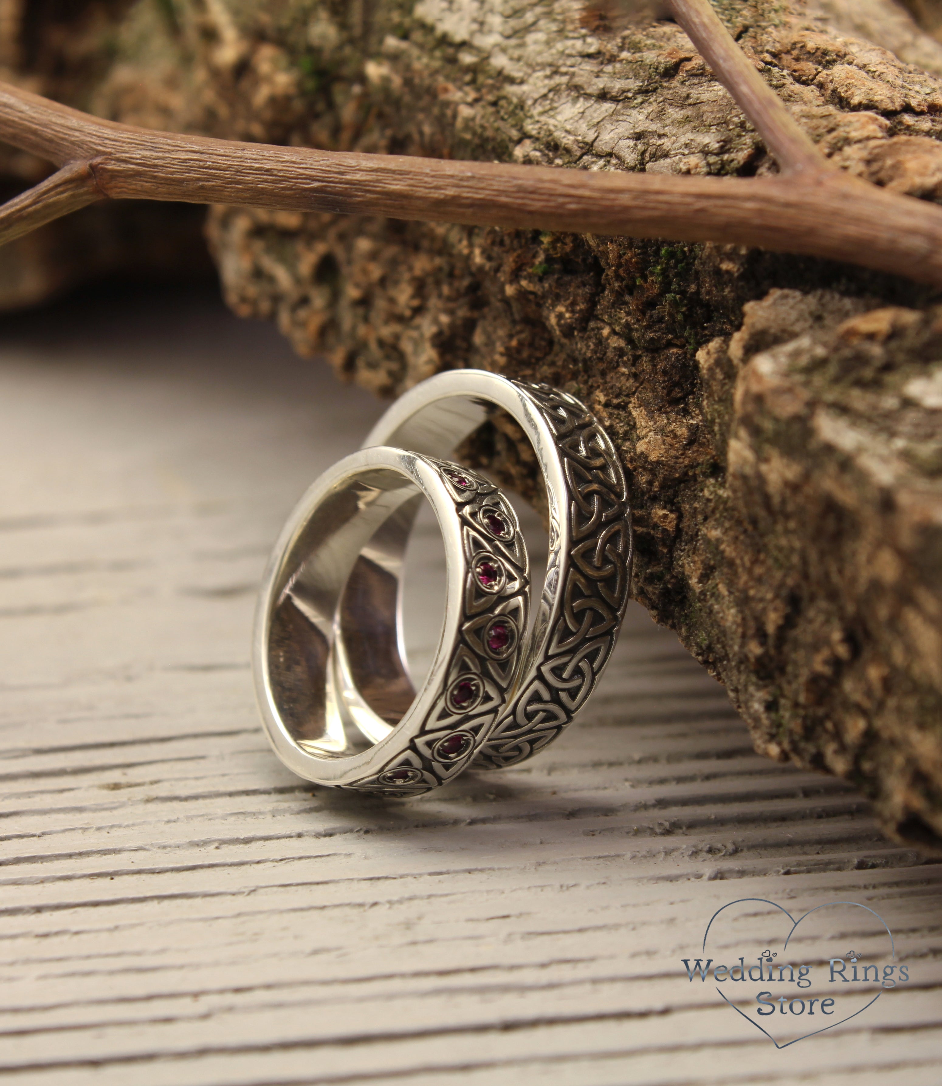 Celtic Triquetra Couple Wedding Rings Set in Silver with Rubies