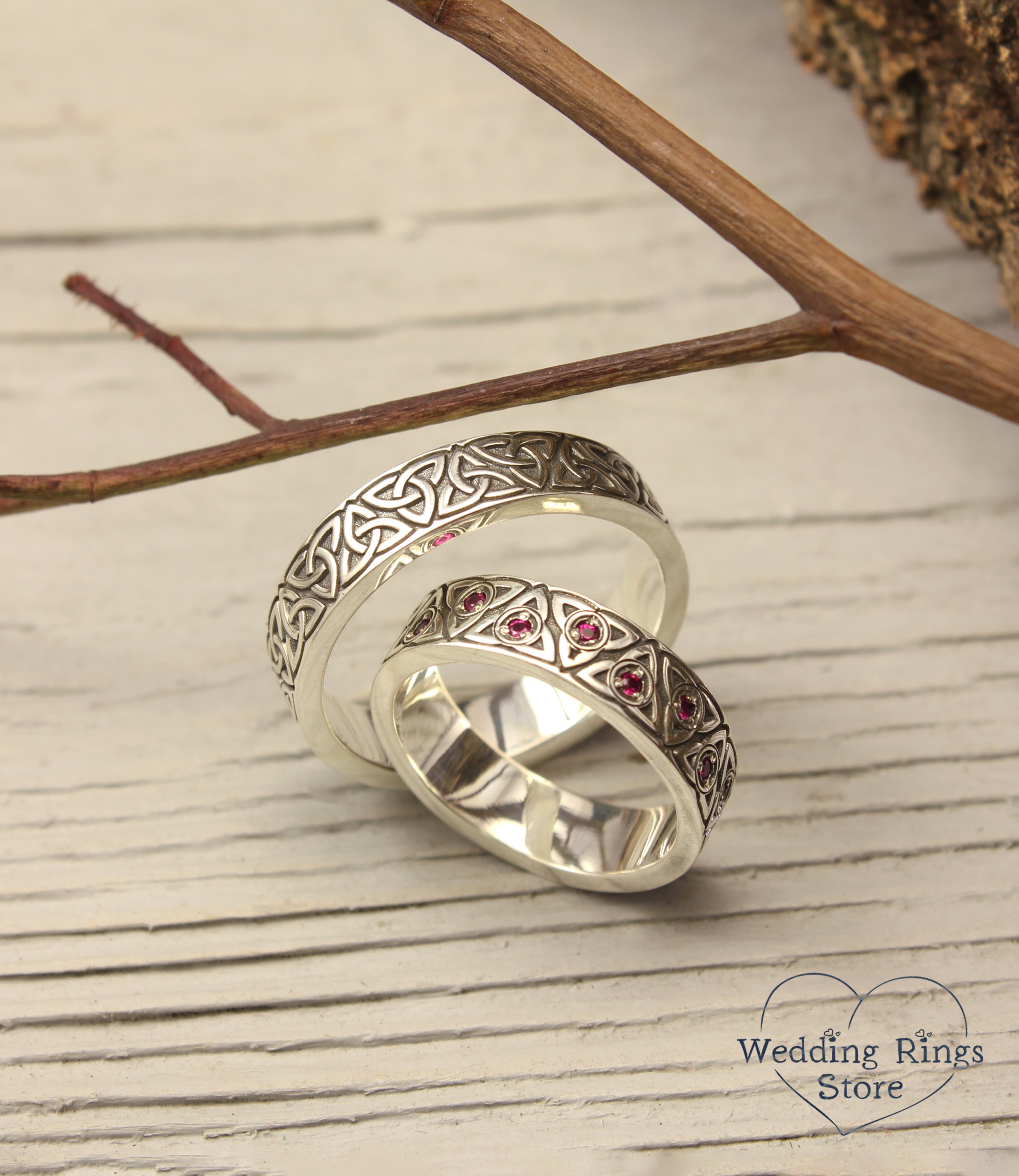 Celtic Triquetra Couple Wedding Rings Set in Silver with Rubies