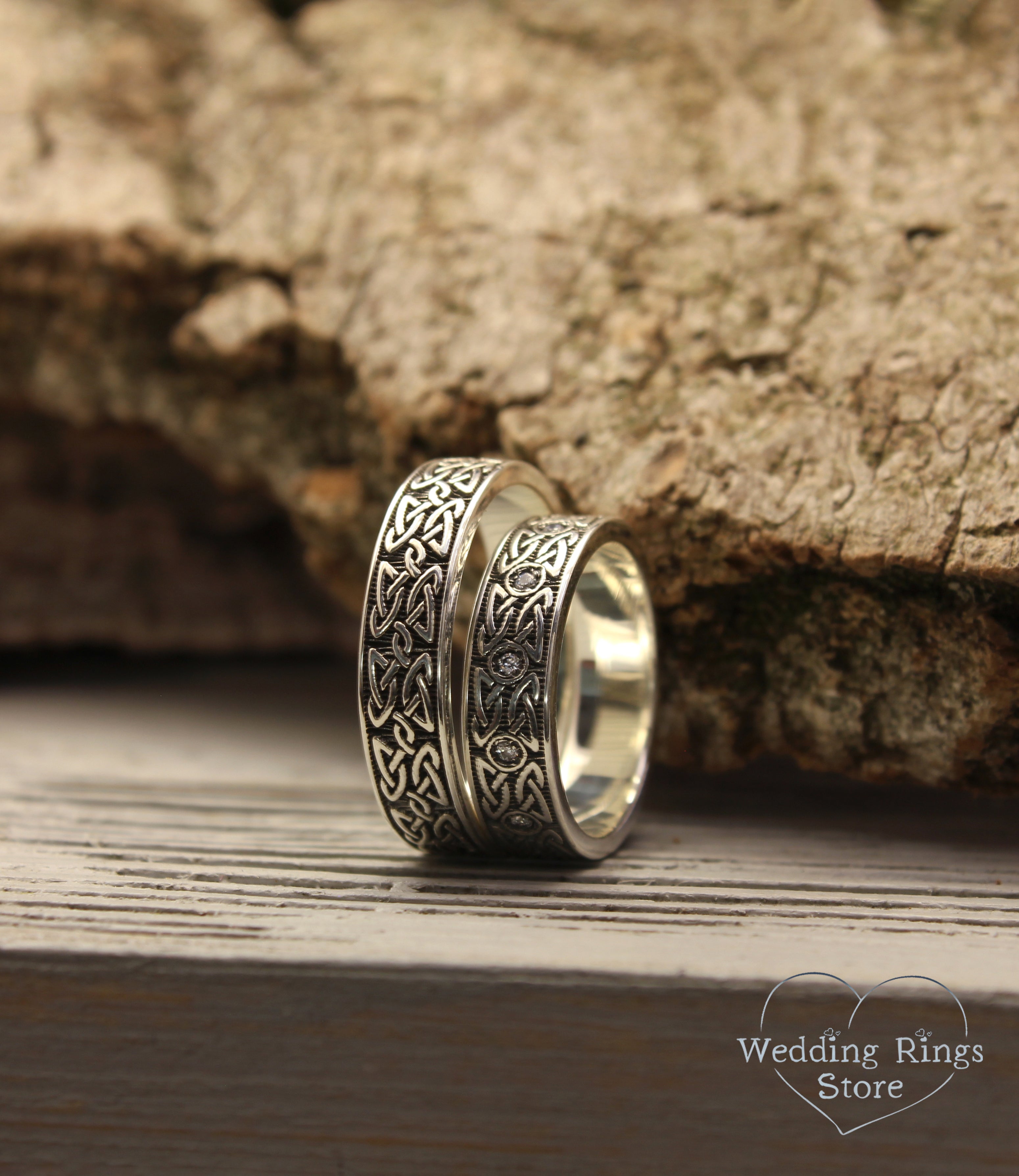 Silver Irish Knot Couple Wedding Rings Set in Vintage Style