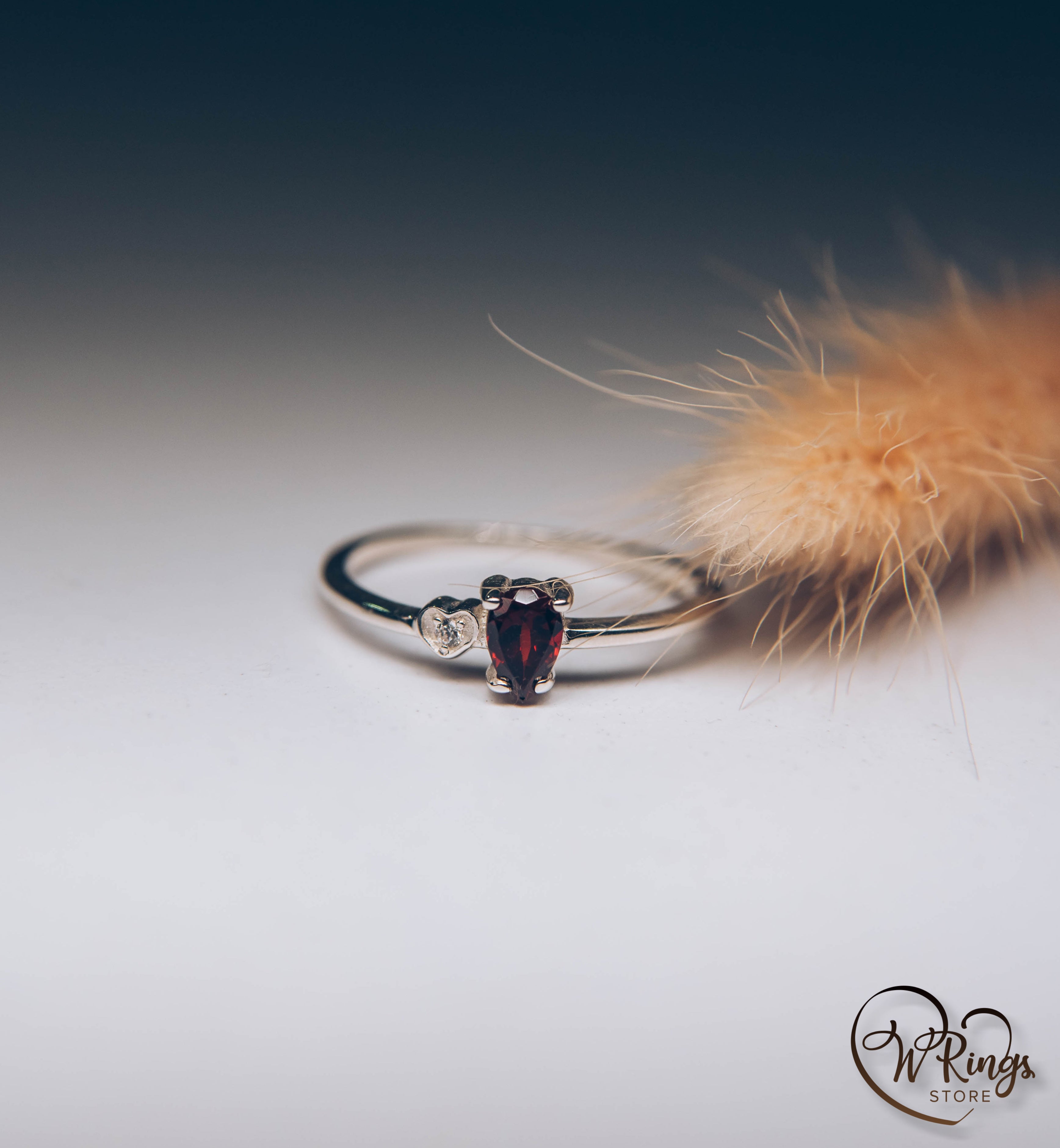 January Birthstone Ring with Pear Garnet & Heart with Cubic Zirconia