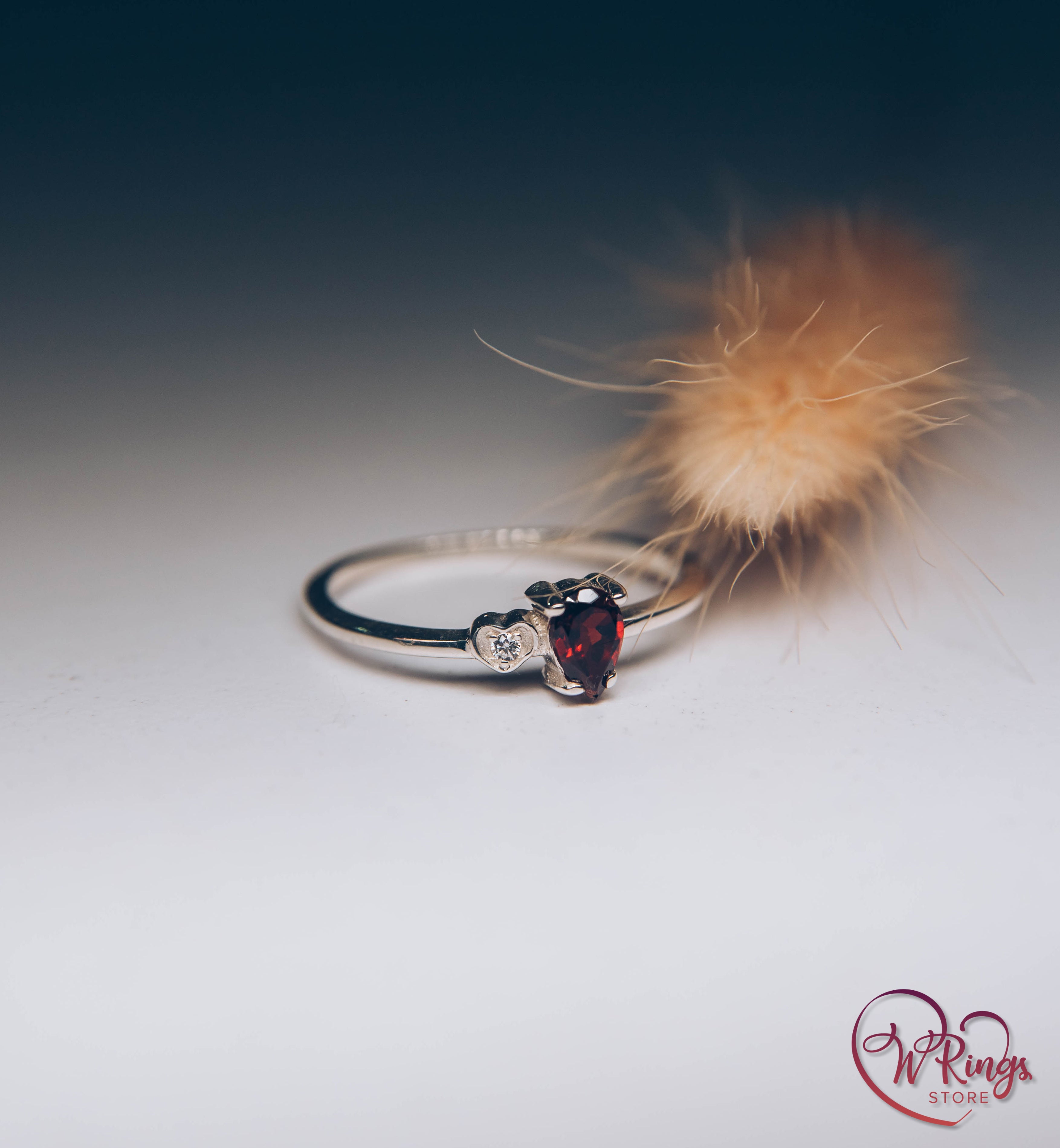 January Birthstone Ring with Pear Garnet & Heart with Cubic Zirconia