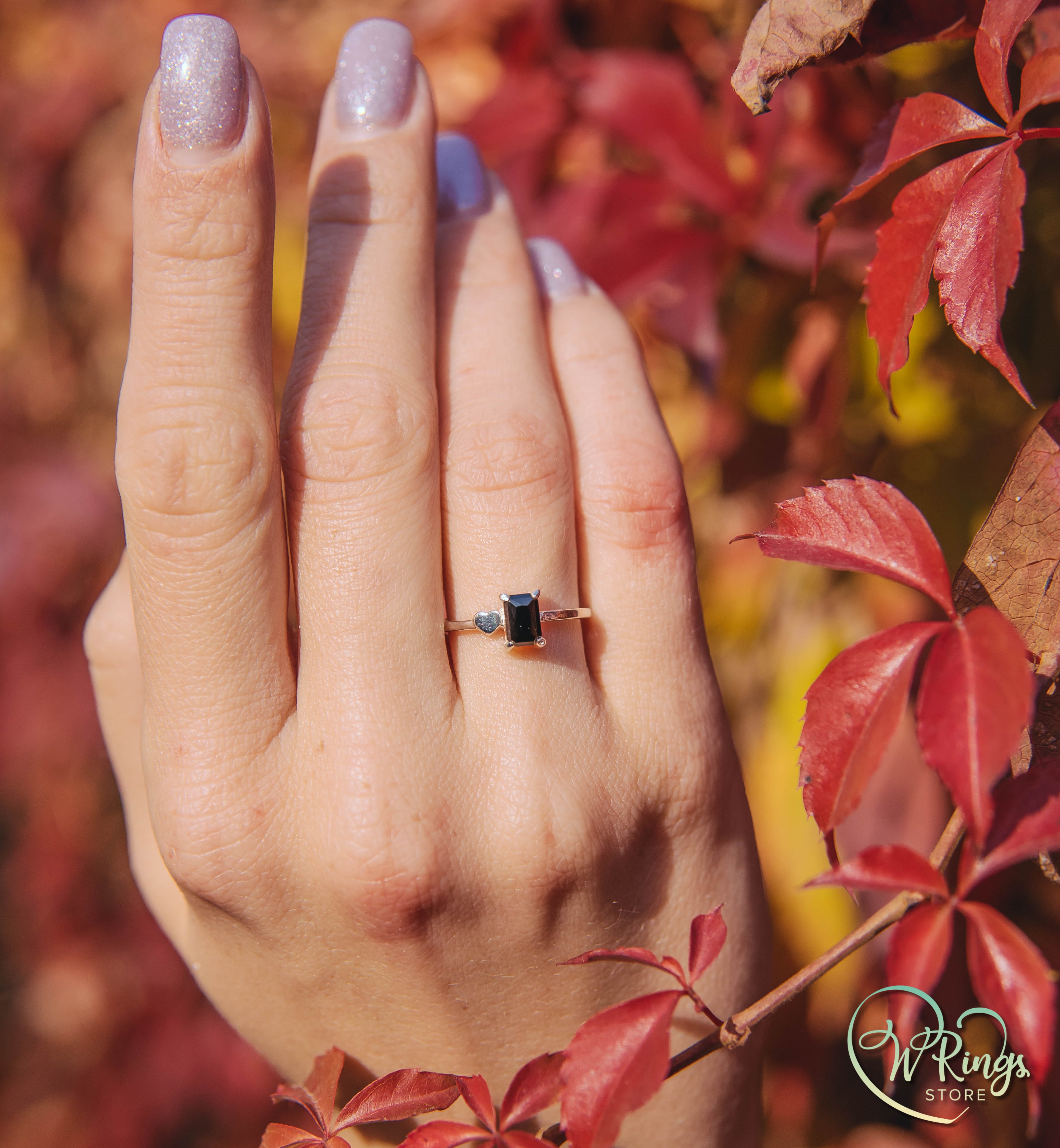 January Birthstone Ring with Radiant Garnet & Heart on a Silver band