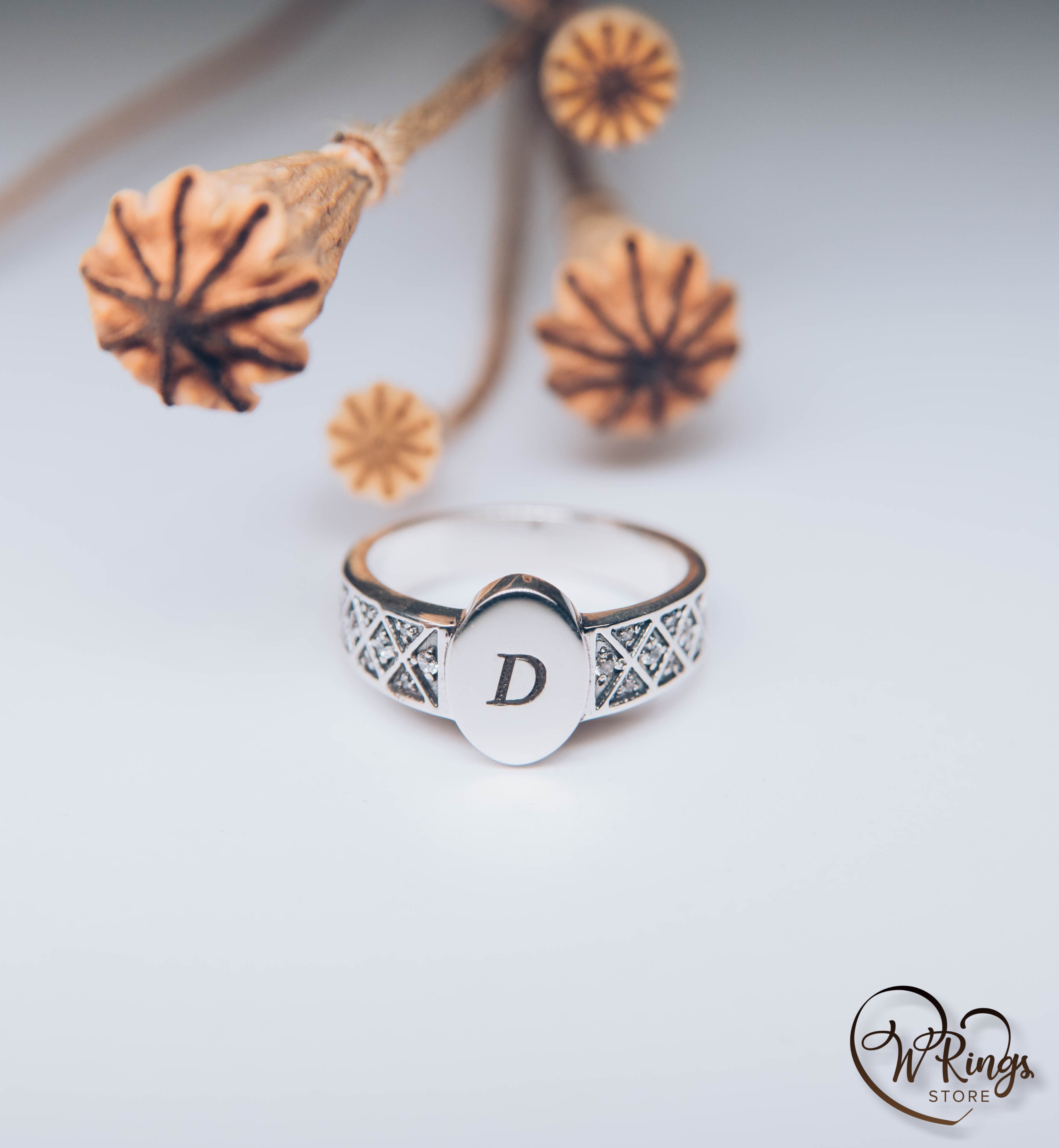 Letter D Custom Silver Oval Signet Ring with Side CZ