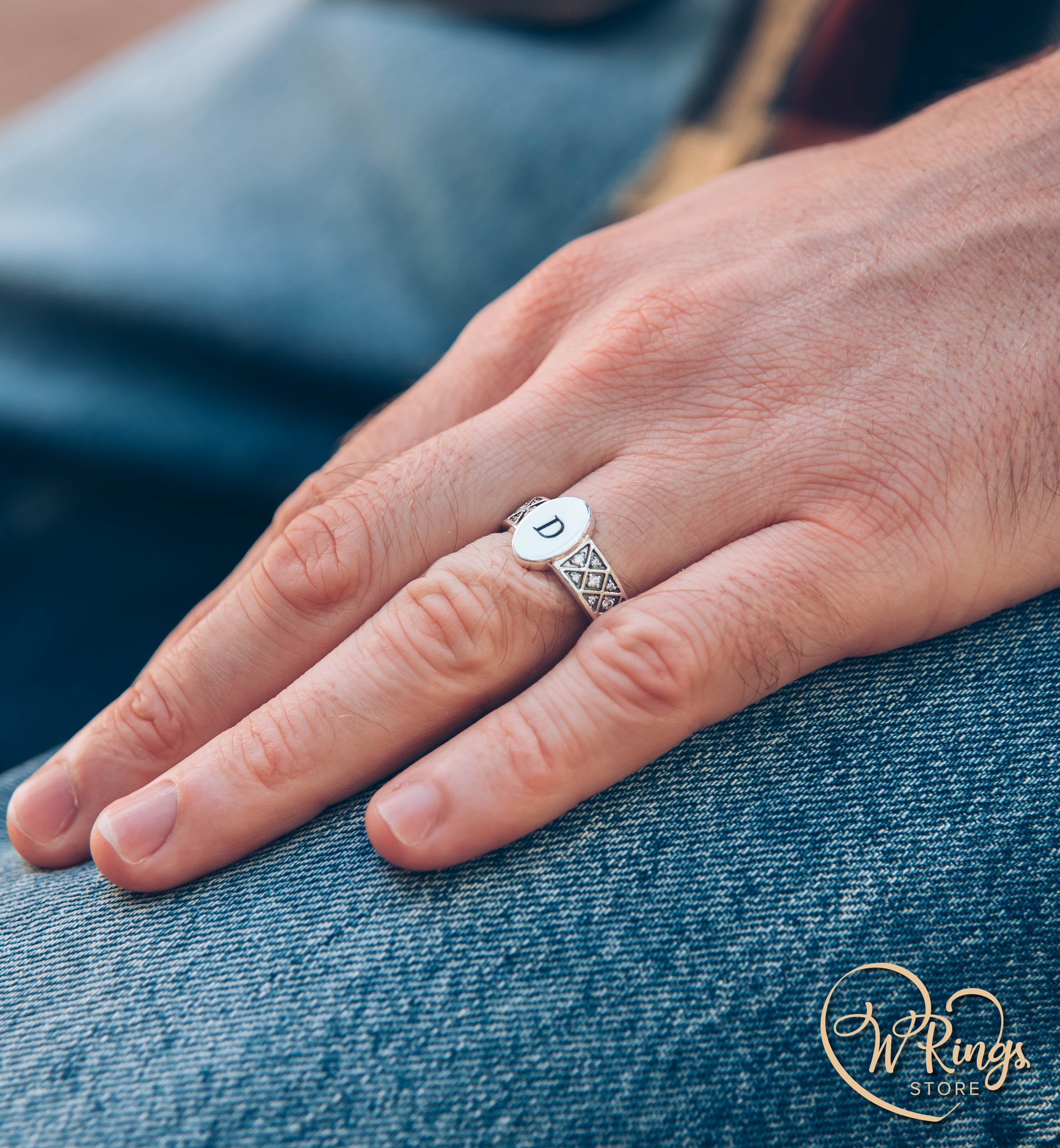 Letter D Custom Silver Oval Signet Ring with Side CZ