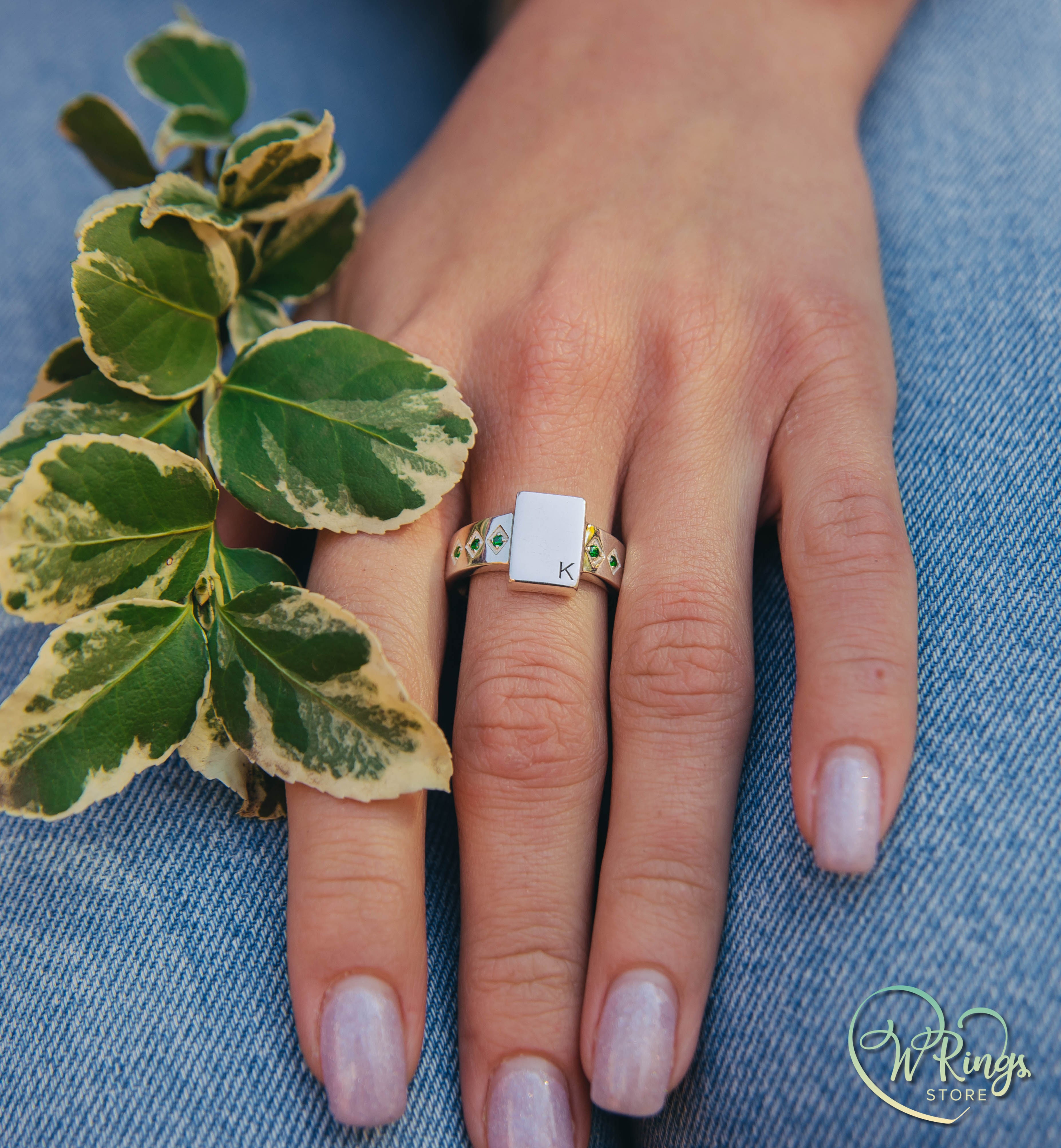 Letter K Custom Silver Rectangle Signet Ring with Side Emeralds