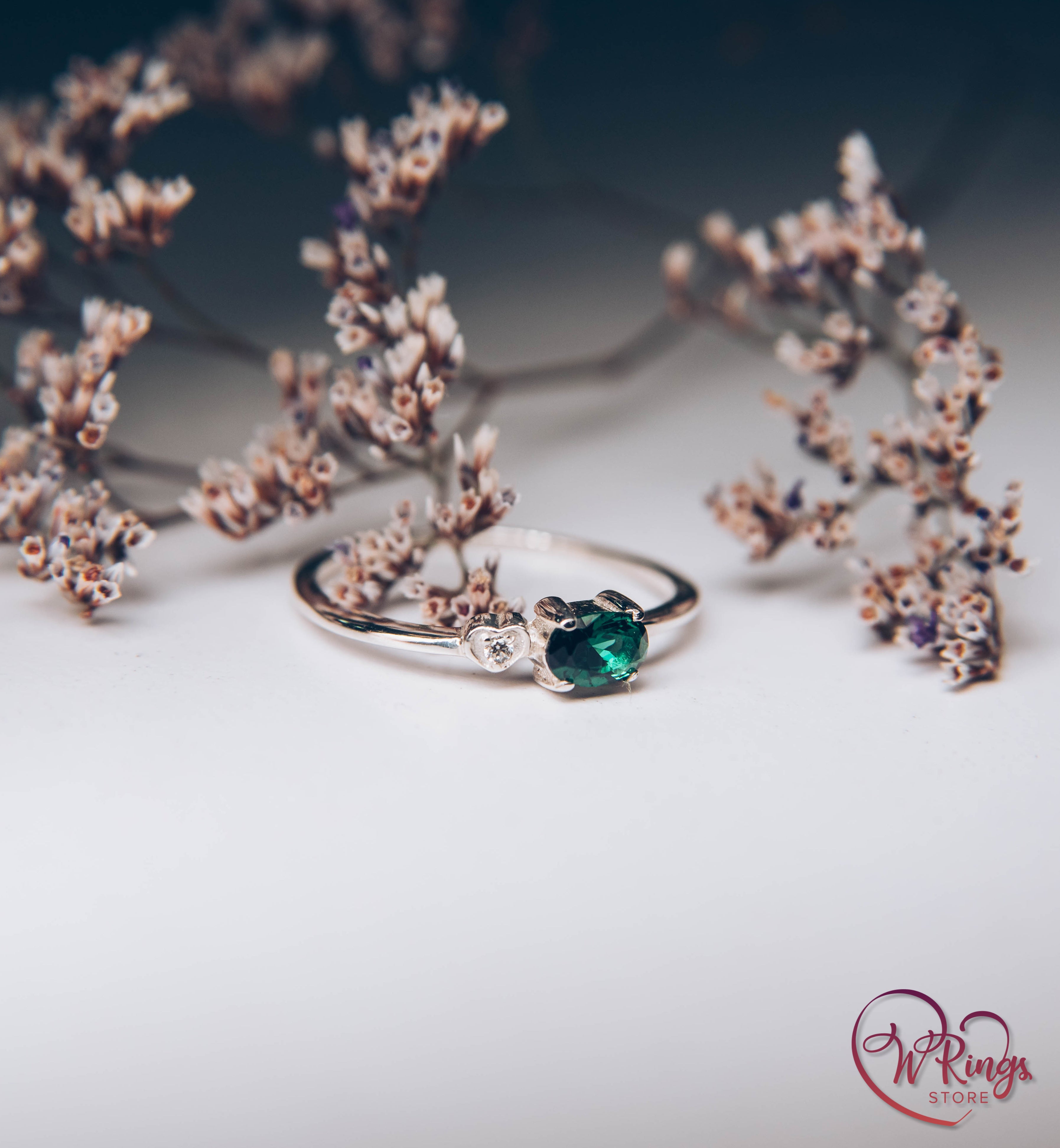 October Birthstone Ring with Green Tourmaline & Heart with CZ