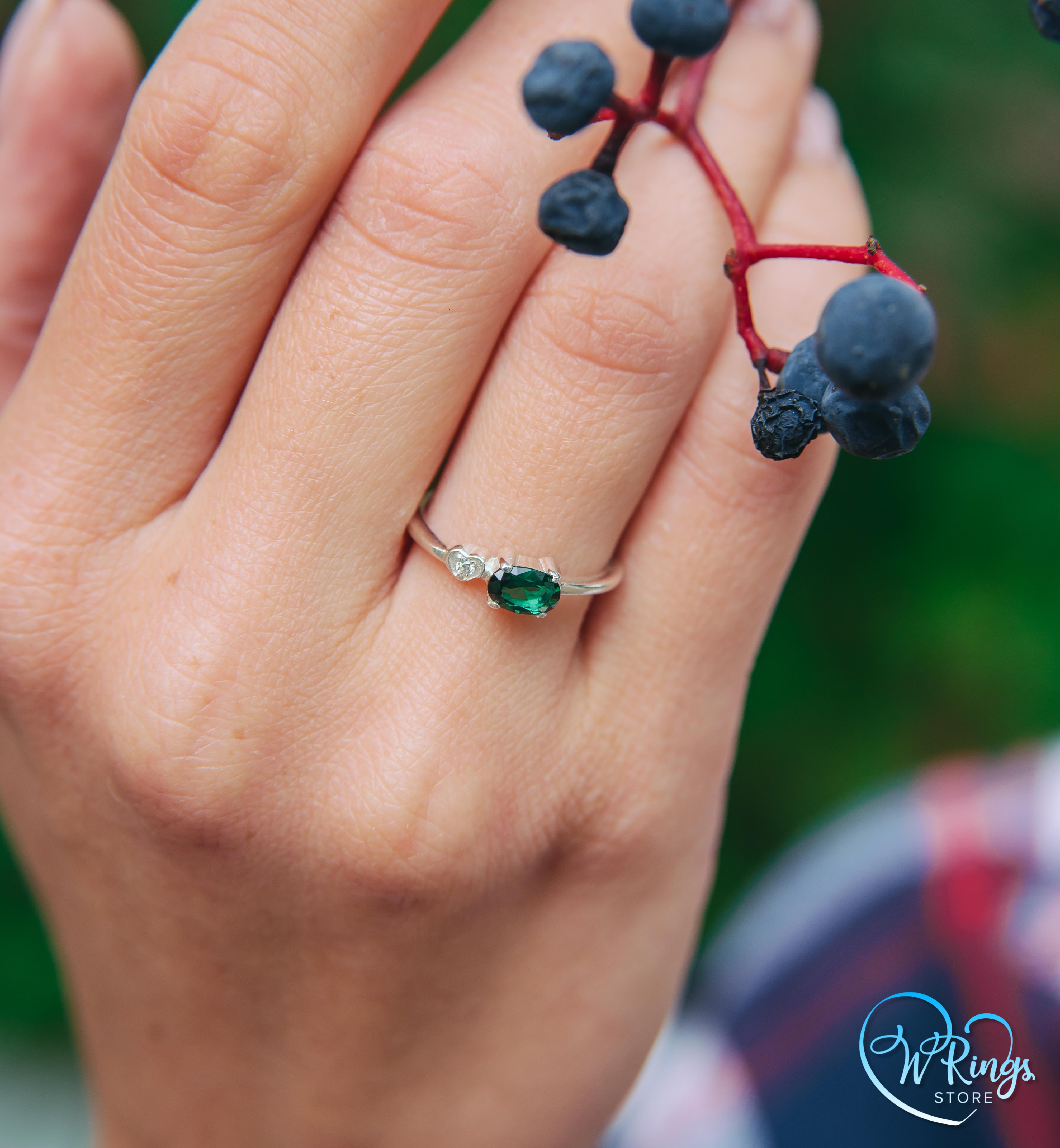 October Birthstone Ring with Green Tourmaline & Heart with CZ