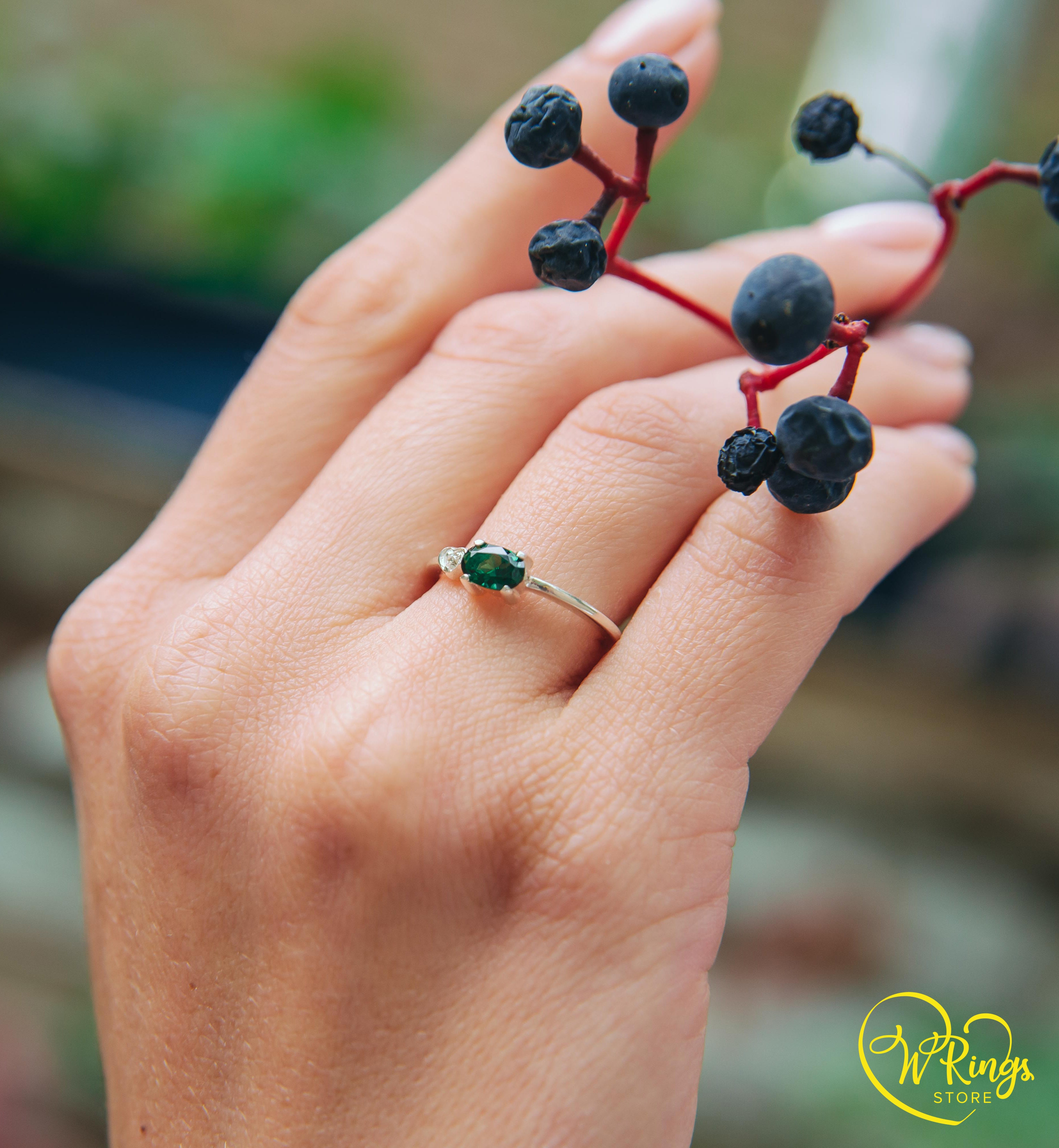 October Birthstone Ring with Green Tourmaline & Heart with CZ