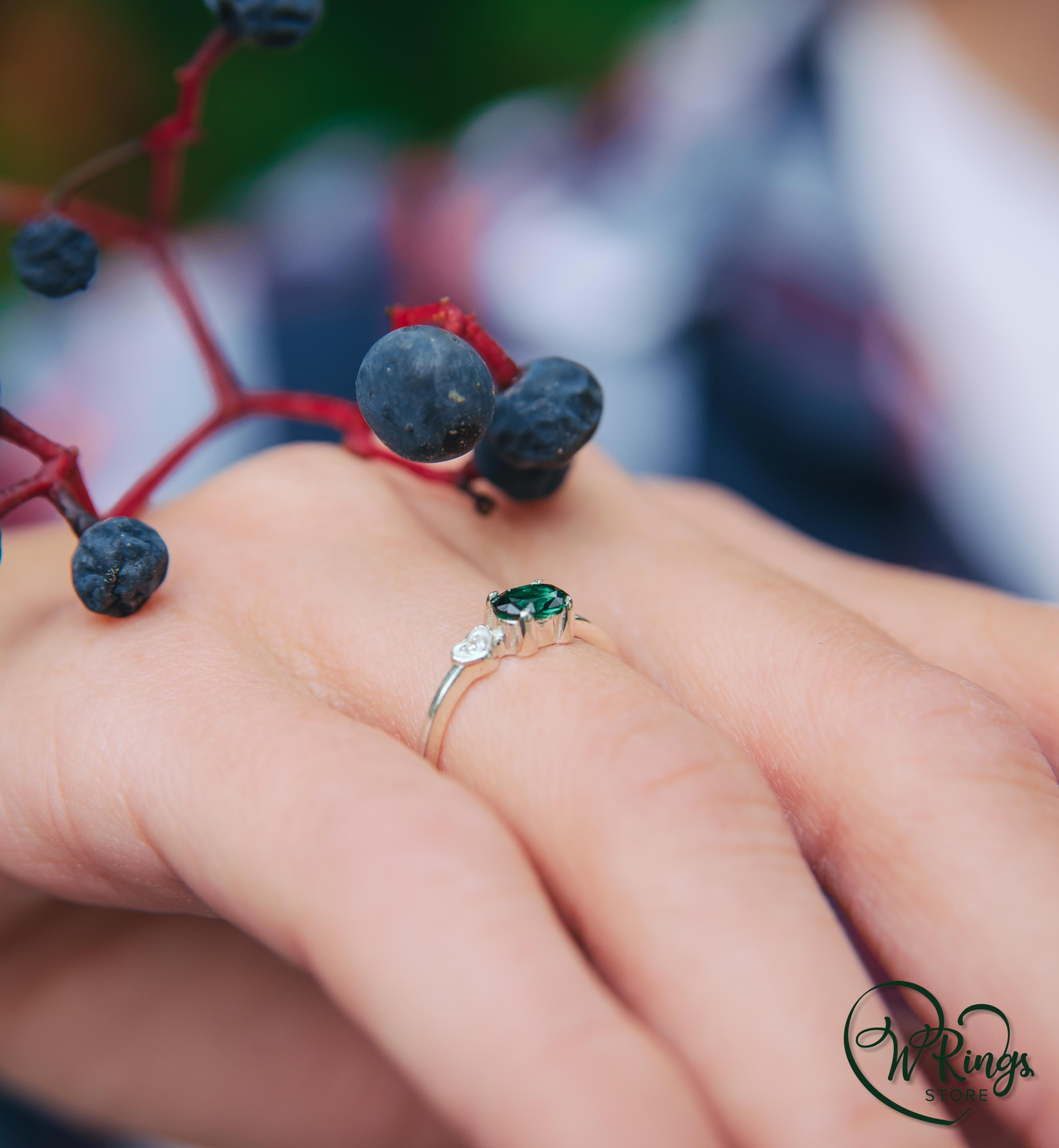 October Birthstone Ring with Green Tourmaline & Heart with CZ