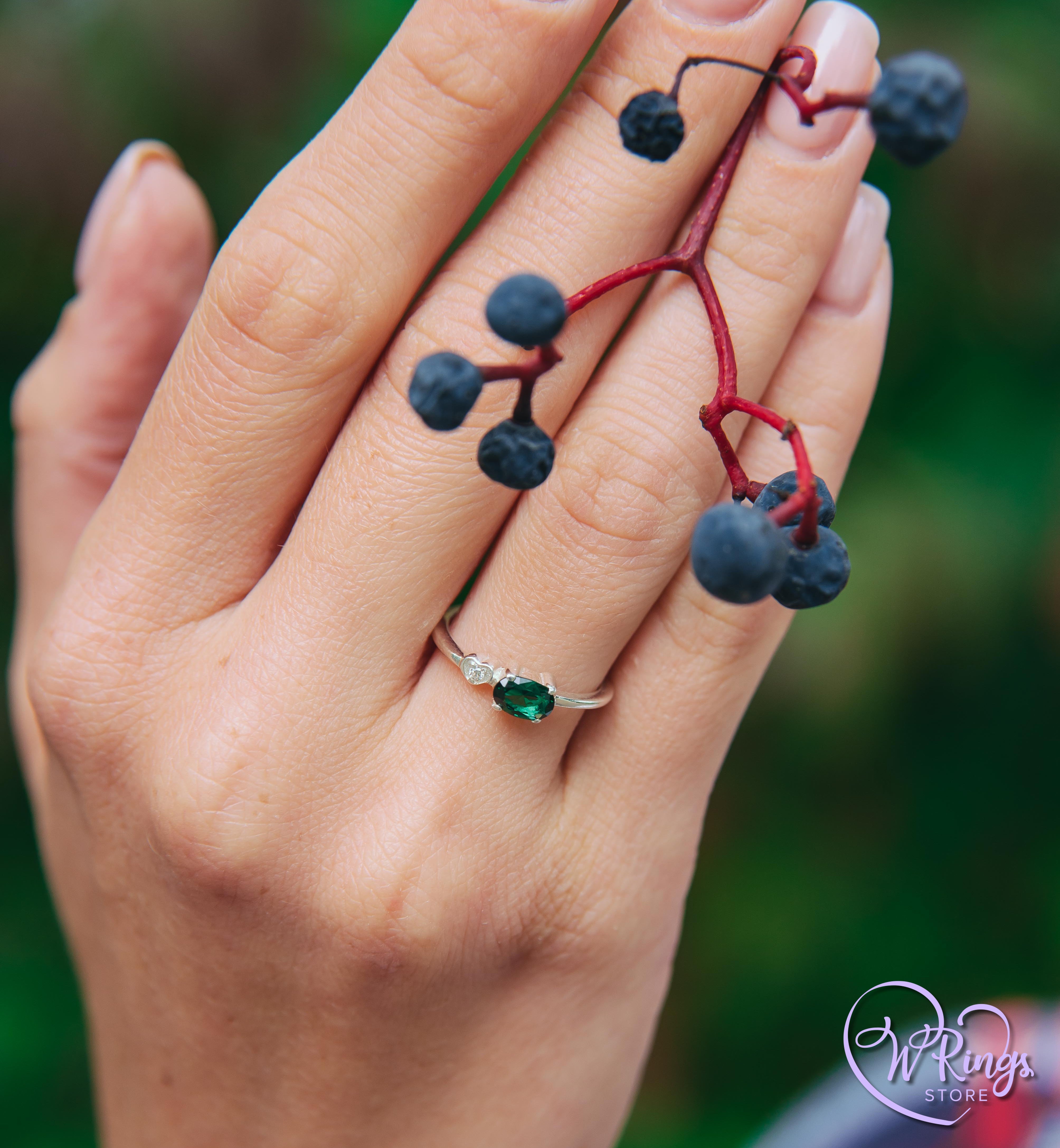 October Birthstone Ring with Green Tourmaline & Heart with CZ