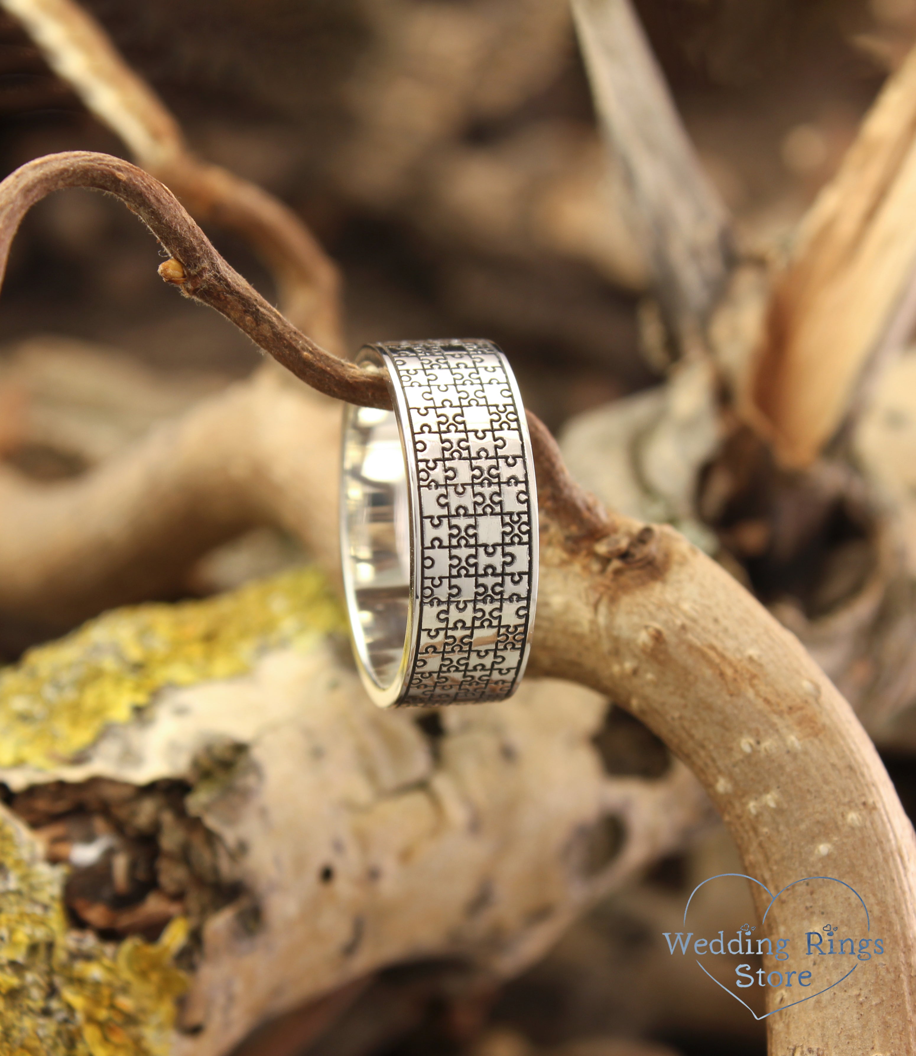 Engraved Puzzle Pieces Ring in Sterling Silver