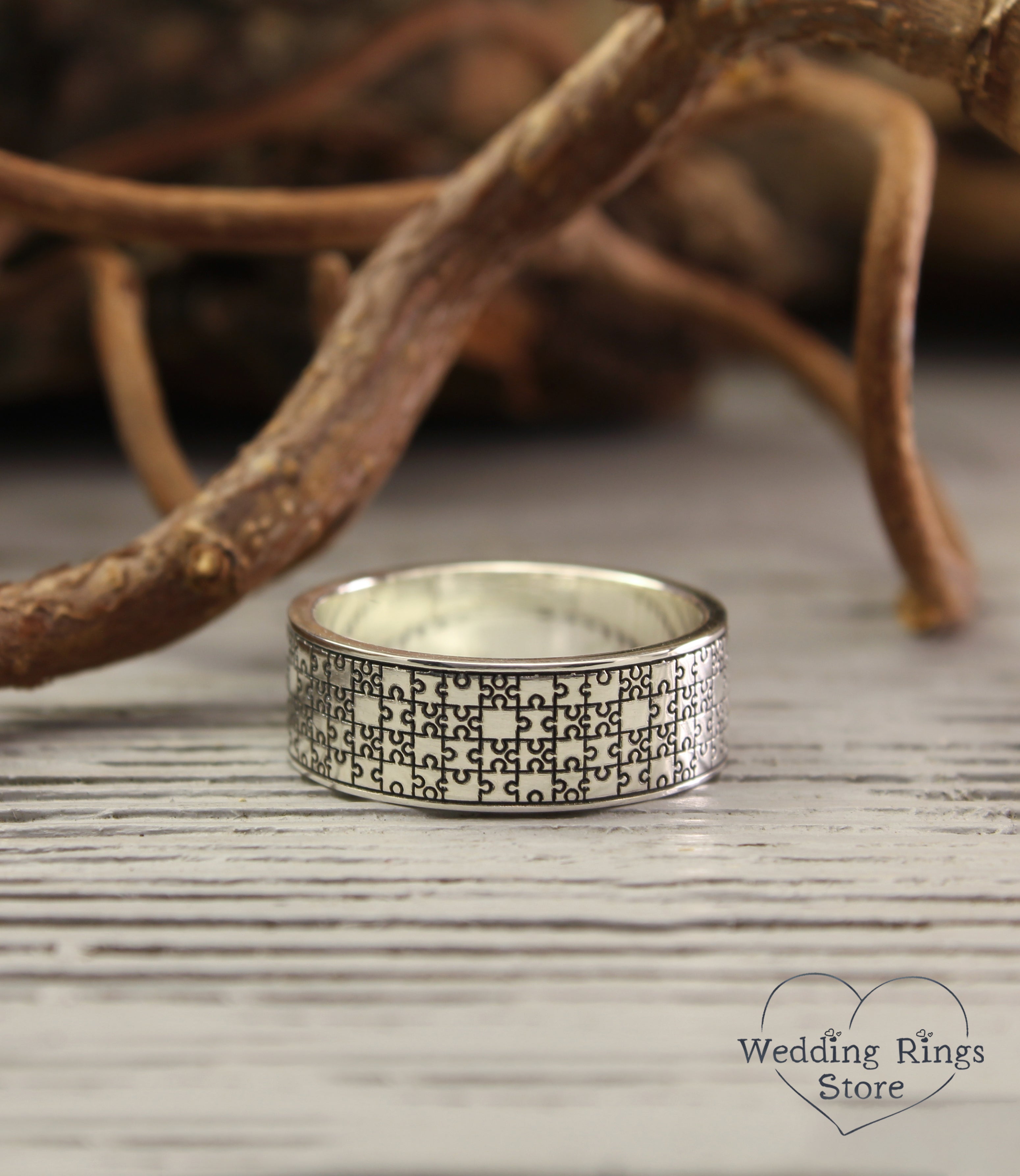 Engraved Puzzle Pieces Ring in Sterling Silver