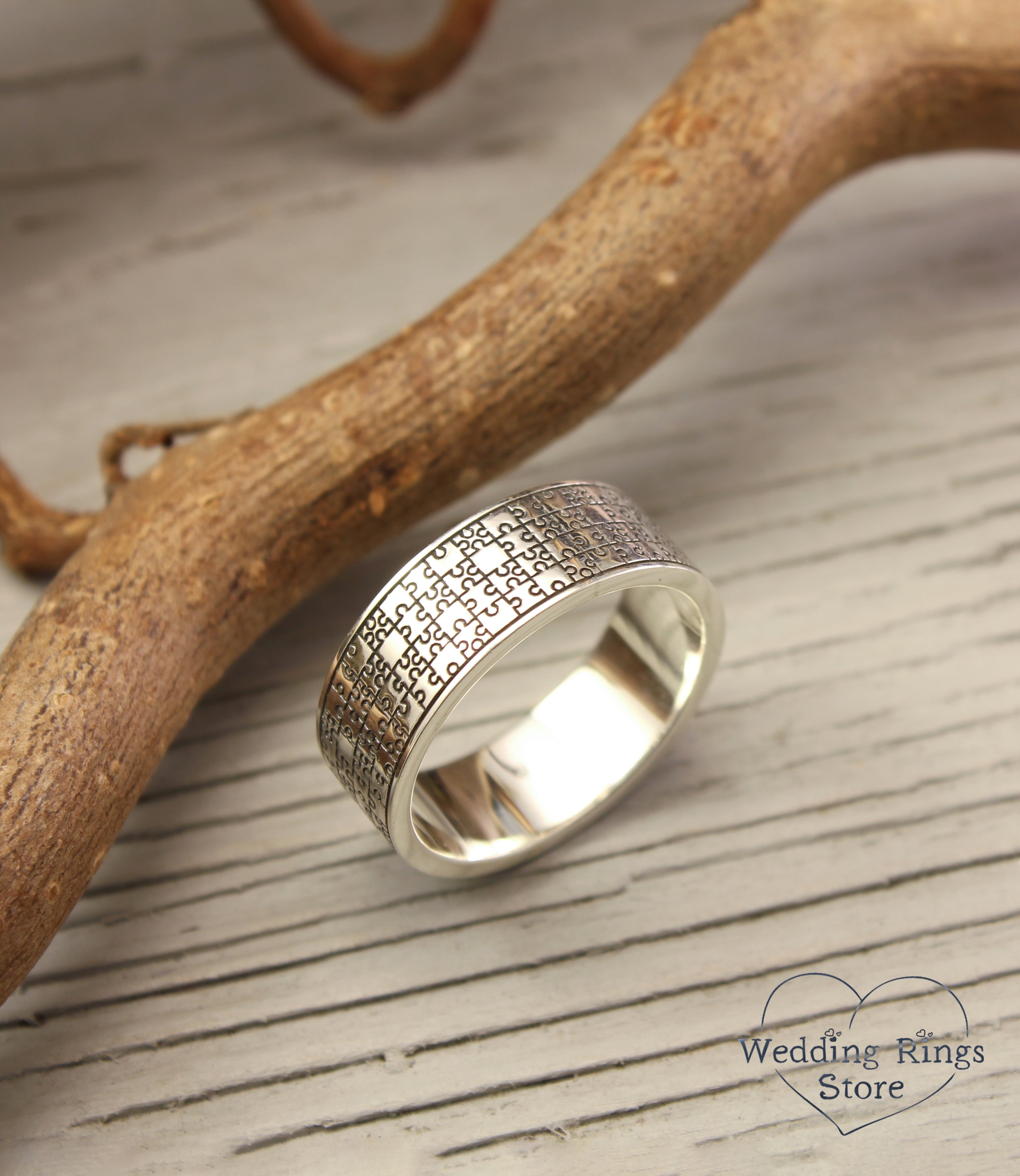 Engraved Puzzle Pieces Ring in Sterling Silver