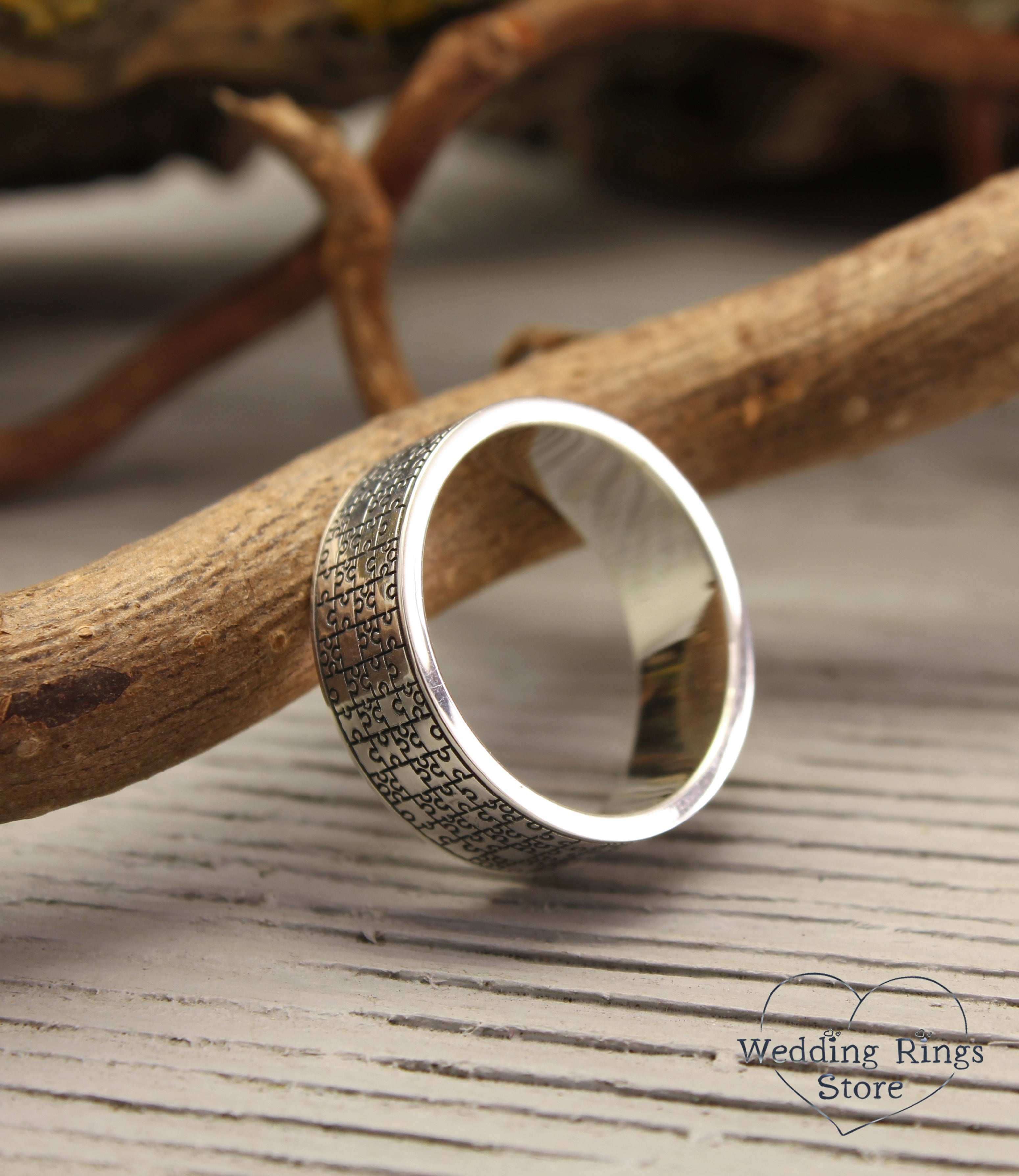 Engraved Puzzle Pieces Ring in Sterling Silver