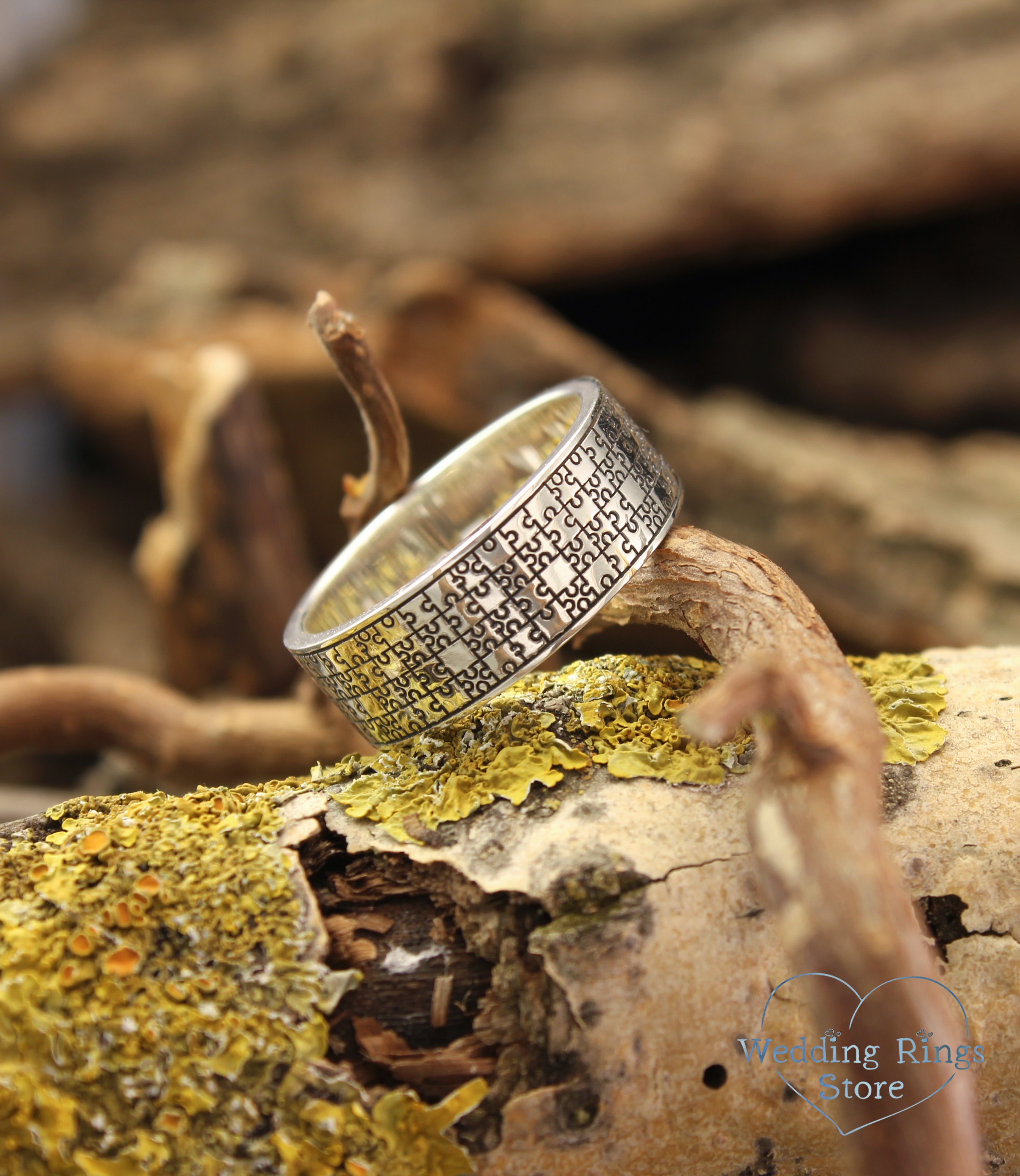 Engraved Puzzle Pieces Ring in Sterling Silver