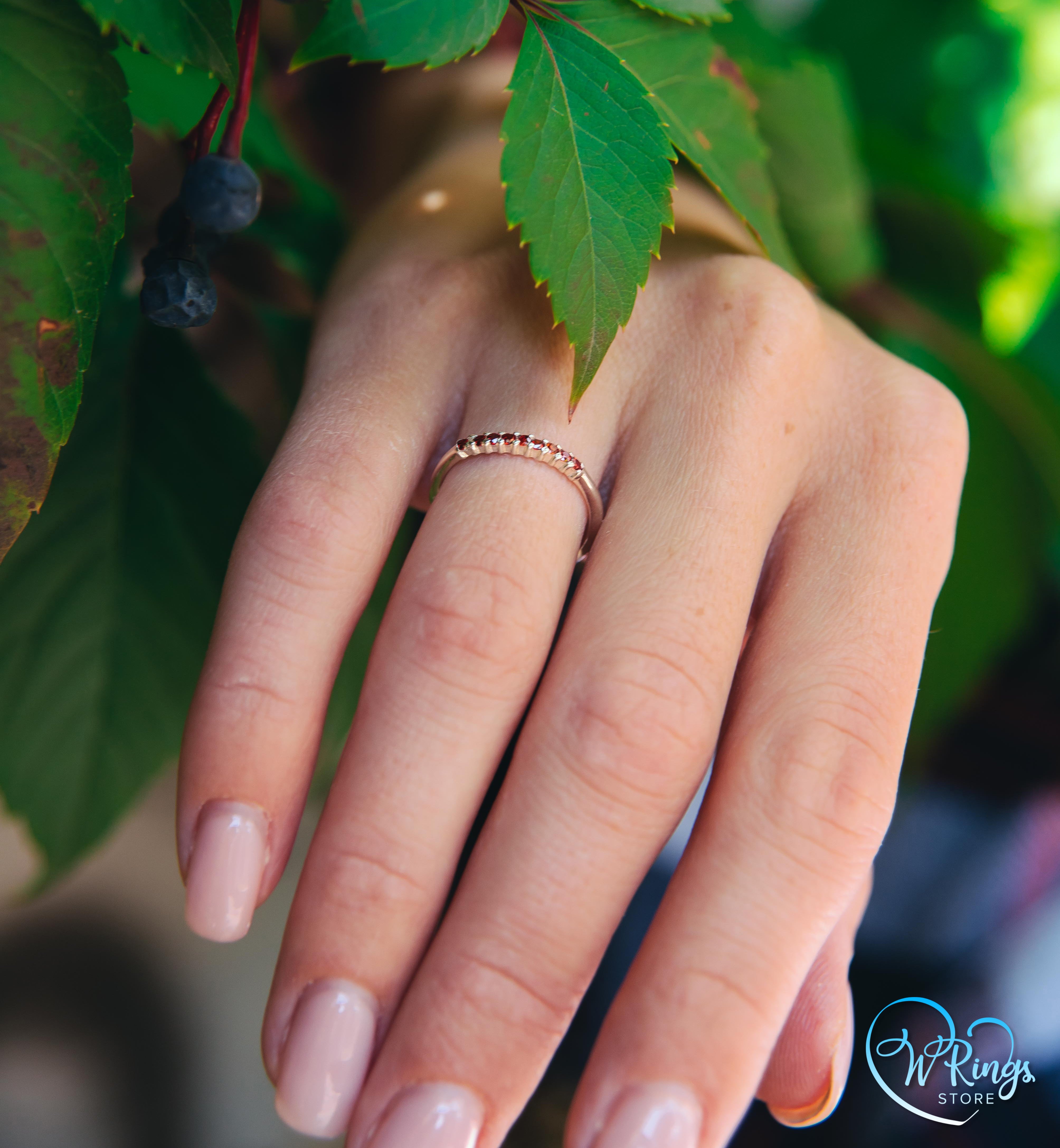 Nine Small Garnets Thin Stacking Ring in Sterling Silver