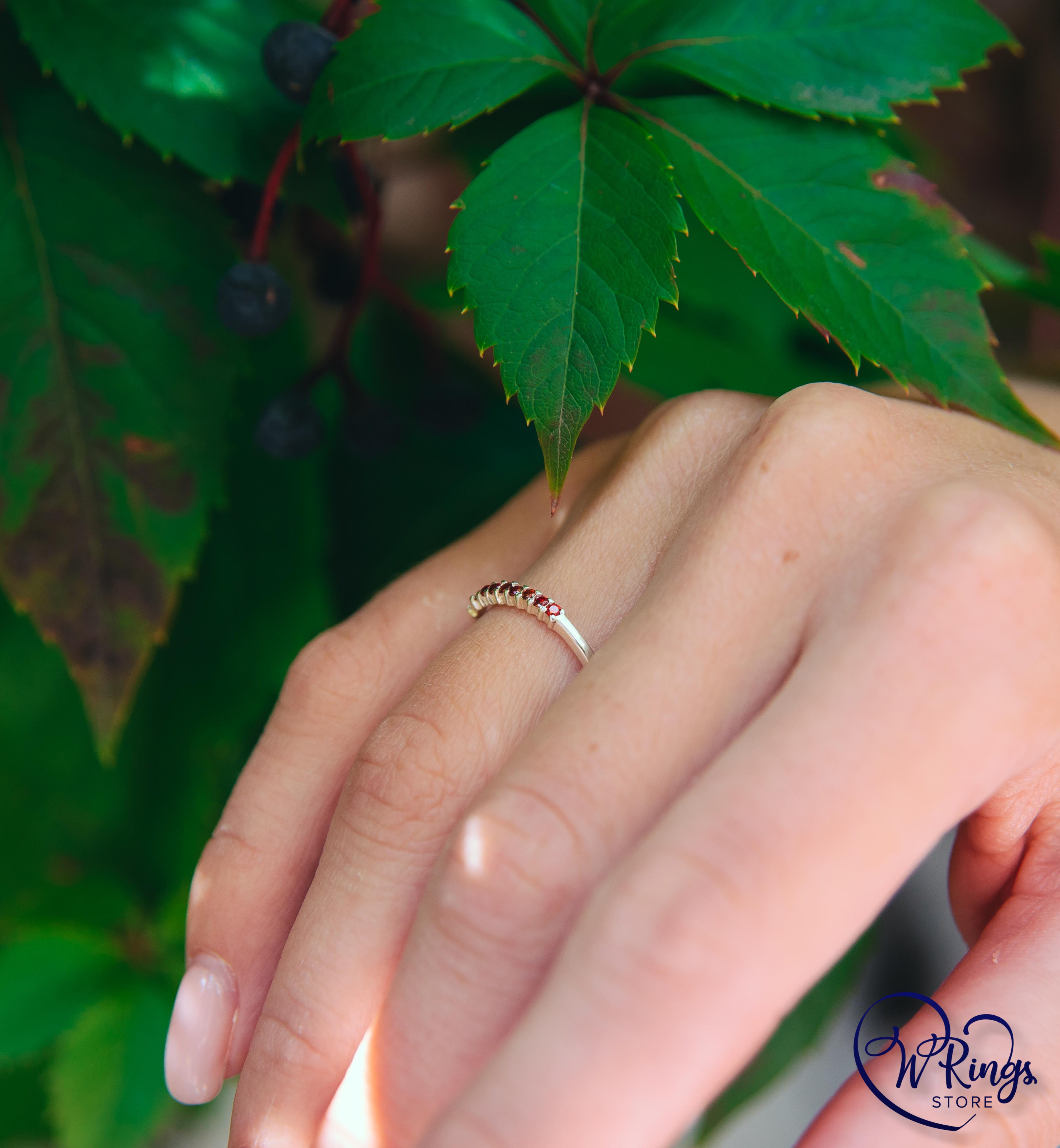 Nine Small Garnets Thin Stacking Ring in Sterling Silver