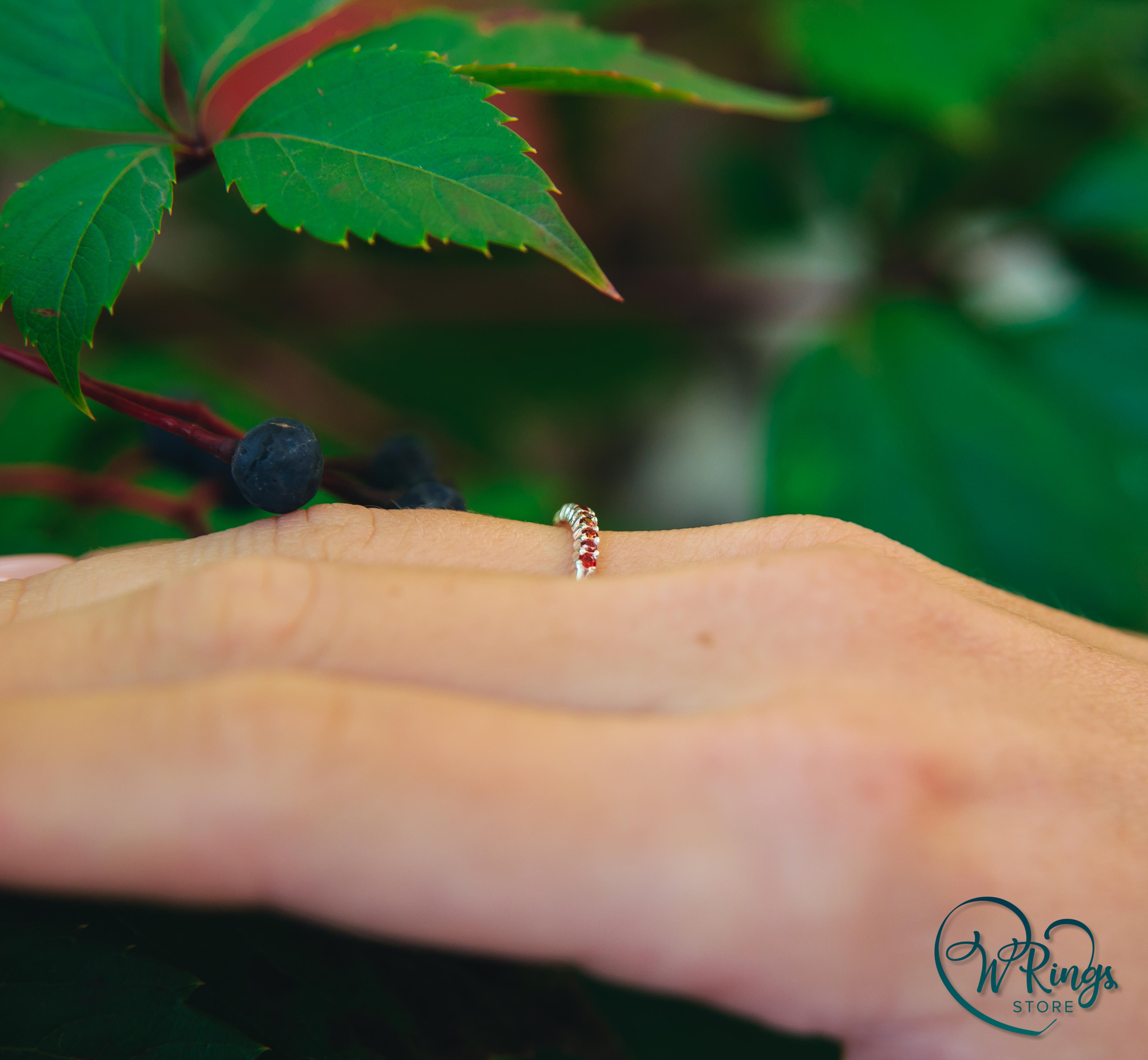 Nine Small Garnets Thin Stacking Ring in Sterling Silver