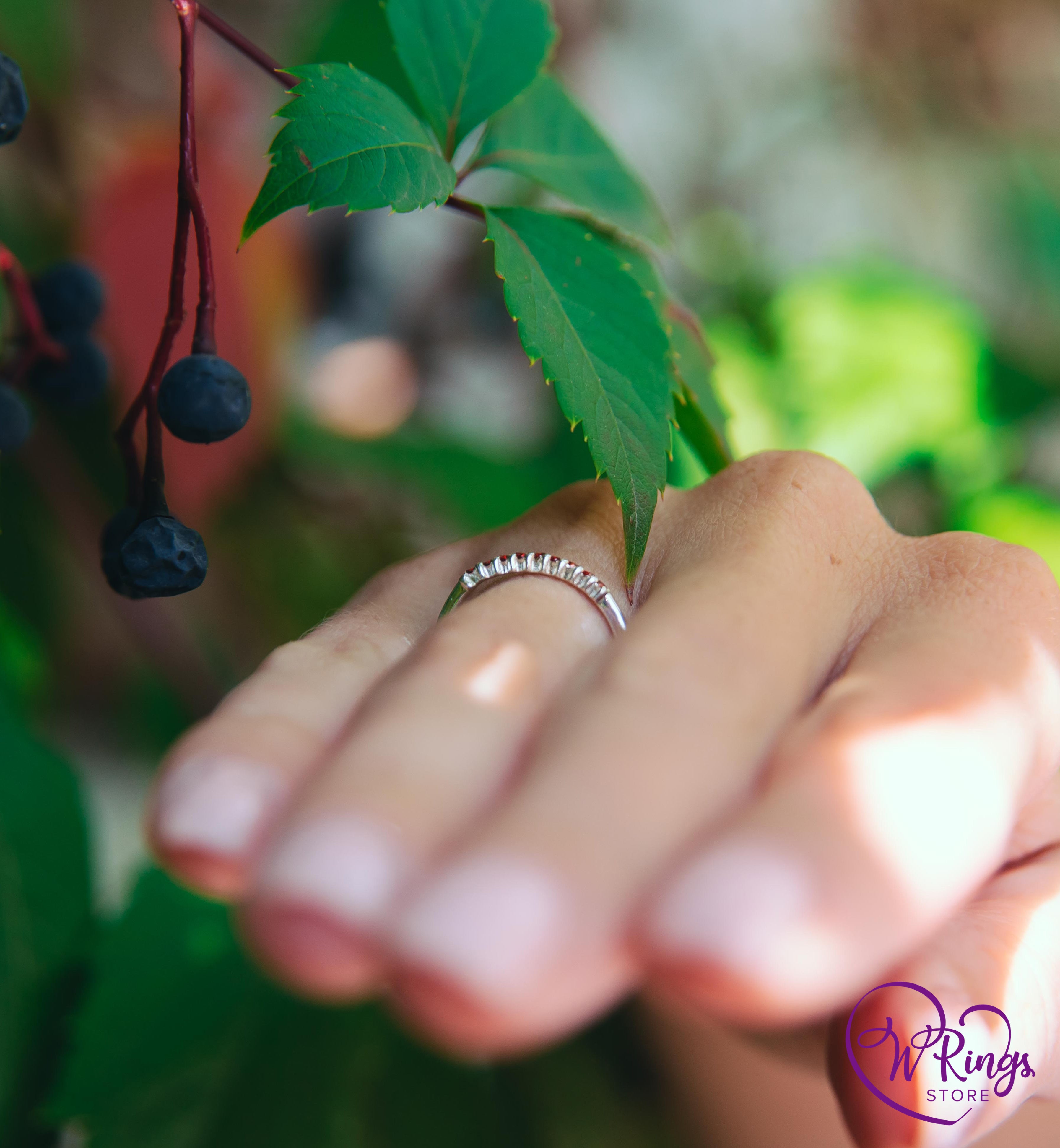 Nine Small Garnets Thin Stacking Ring in Sterling Silver