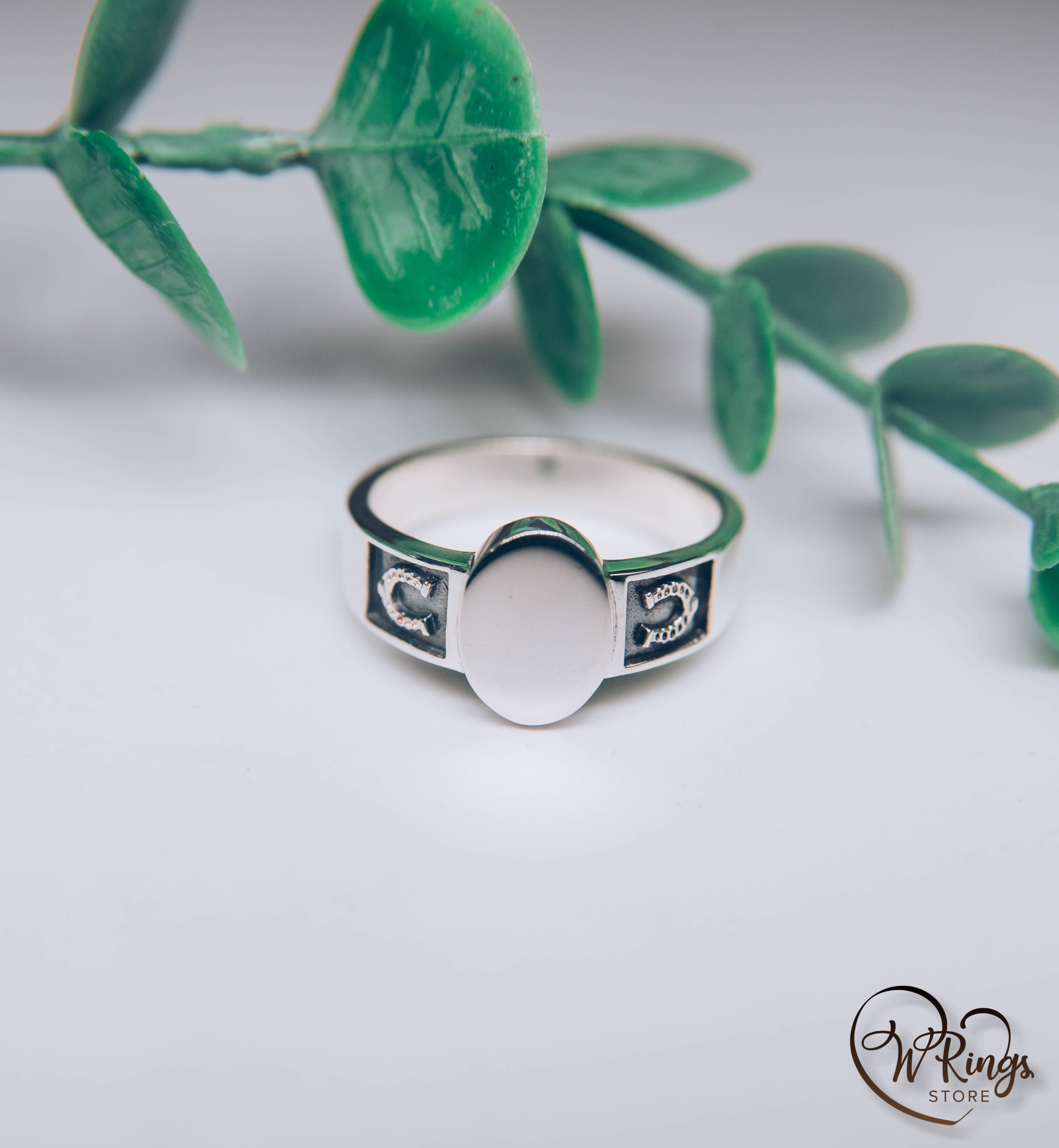 Oval shape and Side Horseshoes Signet Ring